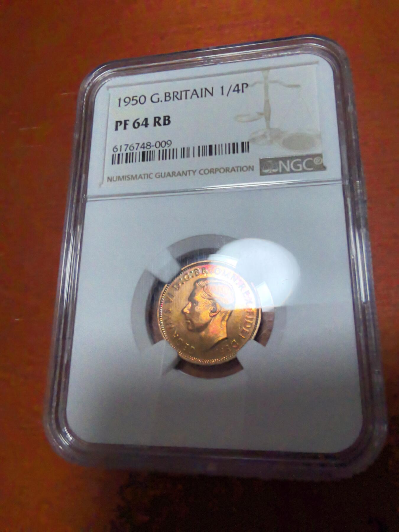 长老汇蛇年精选第四十场拍卖 1950英国乔治六世1/4便士精制铜币，NGC PF64RB