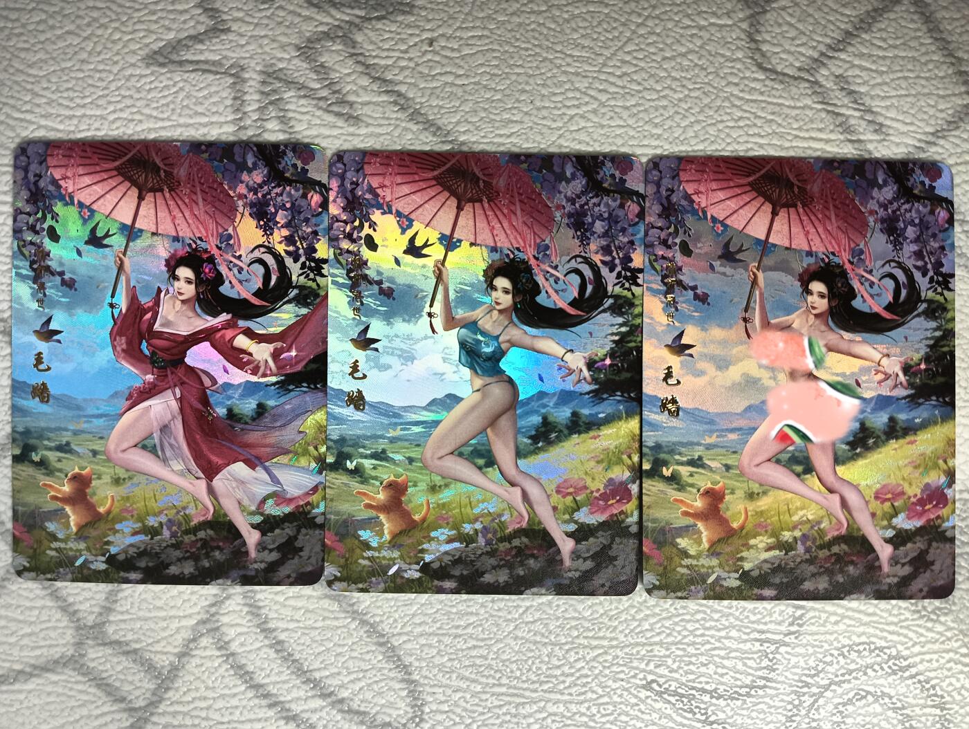 花开卡拍第35期（8月24号周日截拍，品控勿拍!!!拍品不寄存，运费5元，自制卡难免瑕疵，可能存在轻微撞角爆边等出厂瑕疵，品控介意勿拍！） 卡颜月色，风雅颂，毛嫱彩闪三张