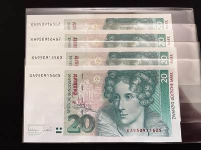咖啡豆•收藏 2025年Aug_28th世界各国纸币拍卖 - 4枚 德国 1993年 20马克 全新UNC 外国纸币