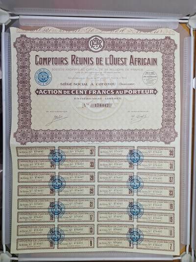 狮子猫股票债券纸品第一期 - 法国1929年西非联合商社股份有限公司 股票号码174447
