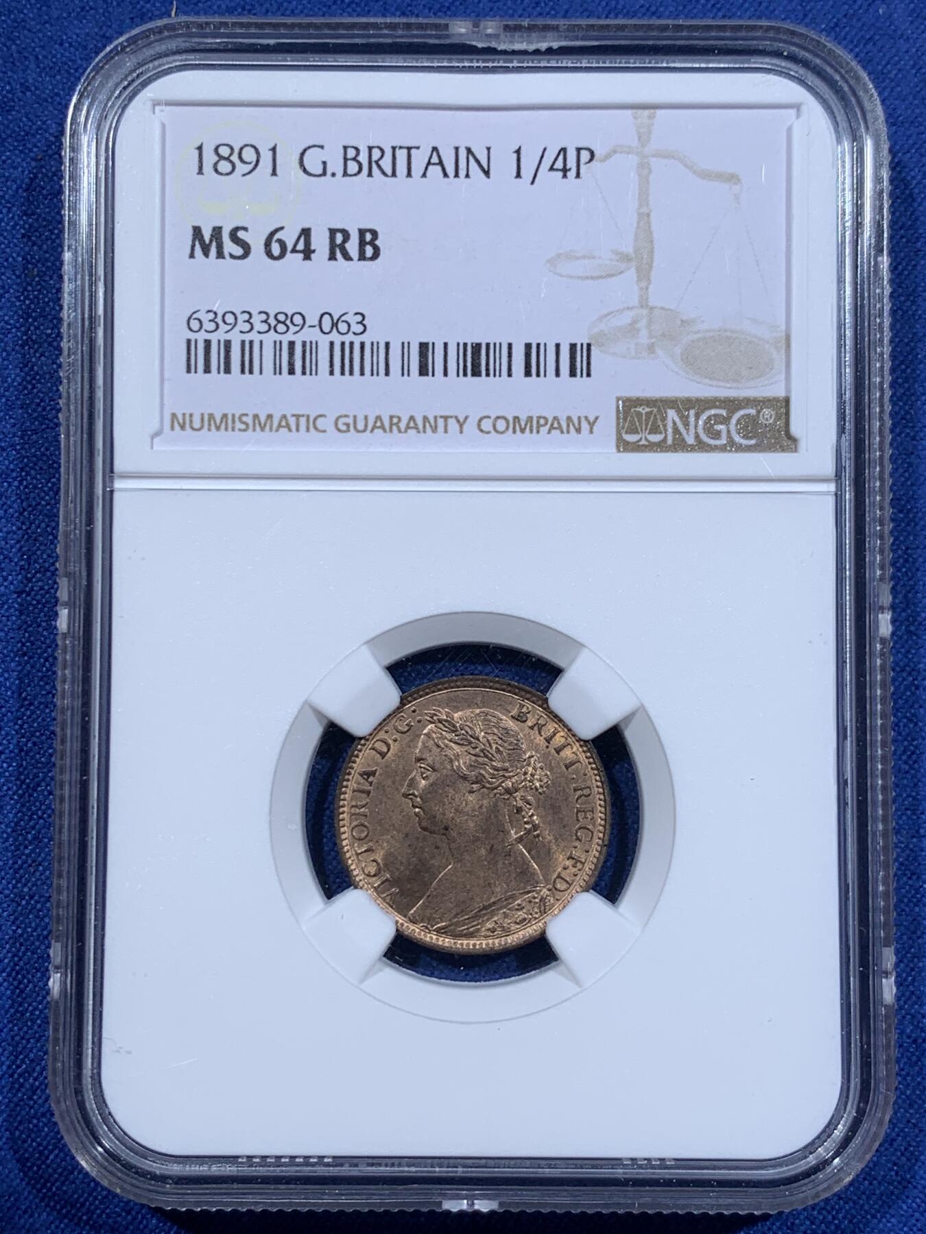 《竞宝斋》第411场 周日，周一，周二，3场连拍 （全场包邮） NGC MS64RB 英国 1891年 维多利亚1法新(1/4便士)铜币 铜光犹在 少见高分 同品类NGC更高评分仅3枚