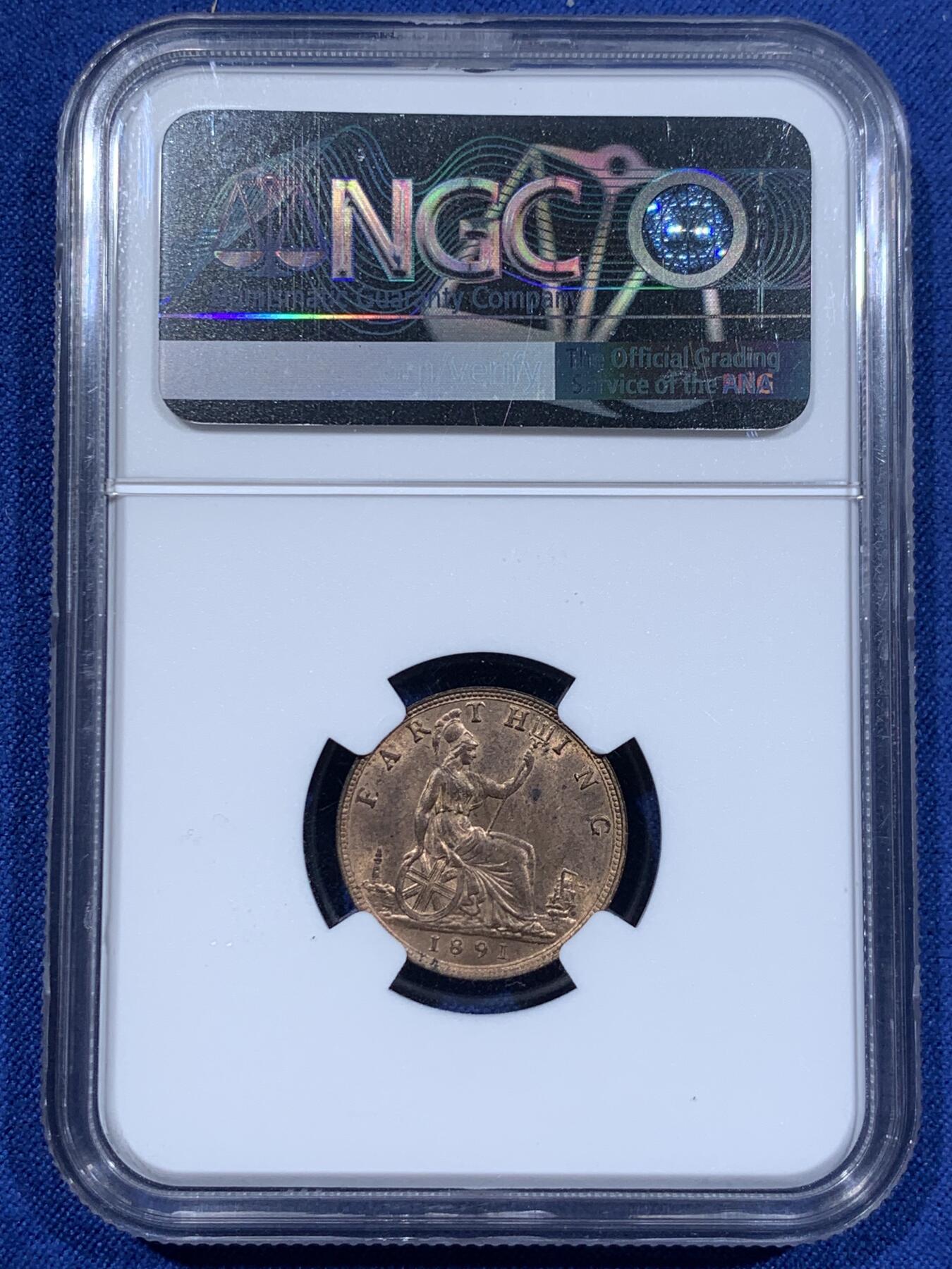 《竞宝斋》第411场 周日，周一，周二，3场连拍 （全场包邮） NGC MS64RB 英国 1891年 维多利亚1法新(1/4便士)铜币 铜光犹在 少见高分 同品类NGC更高评分仅3枚