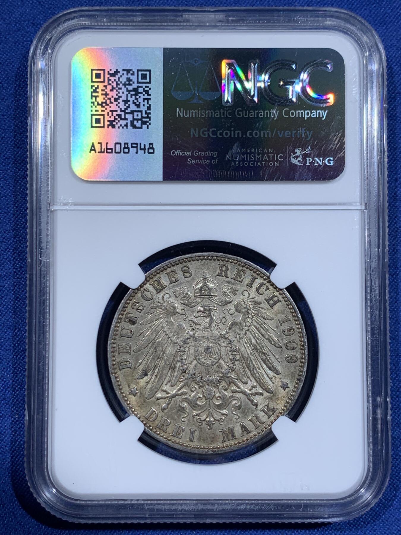 《竞宝斋》第411场 周日，周一，周二，3场连拍 （全场包邮） NGC MS63 德国1909年汉堡双师3马克银币 细节光感不错