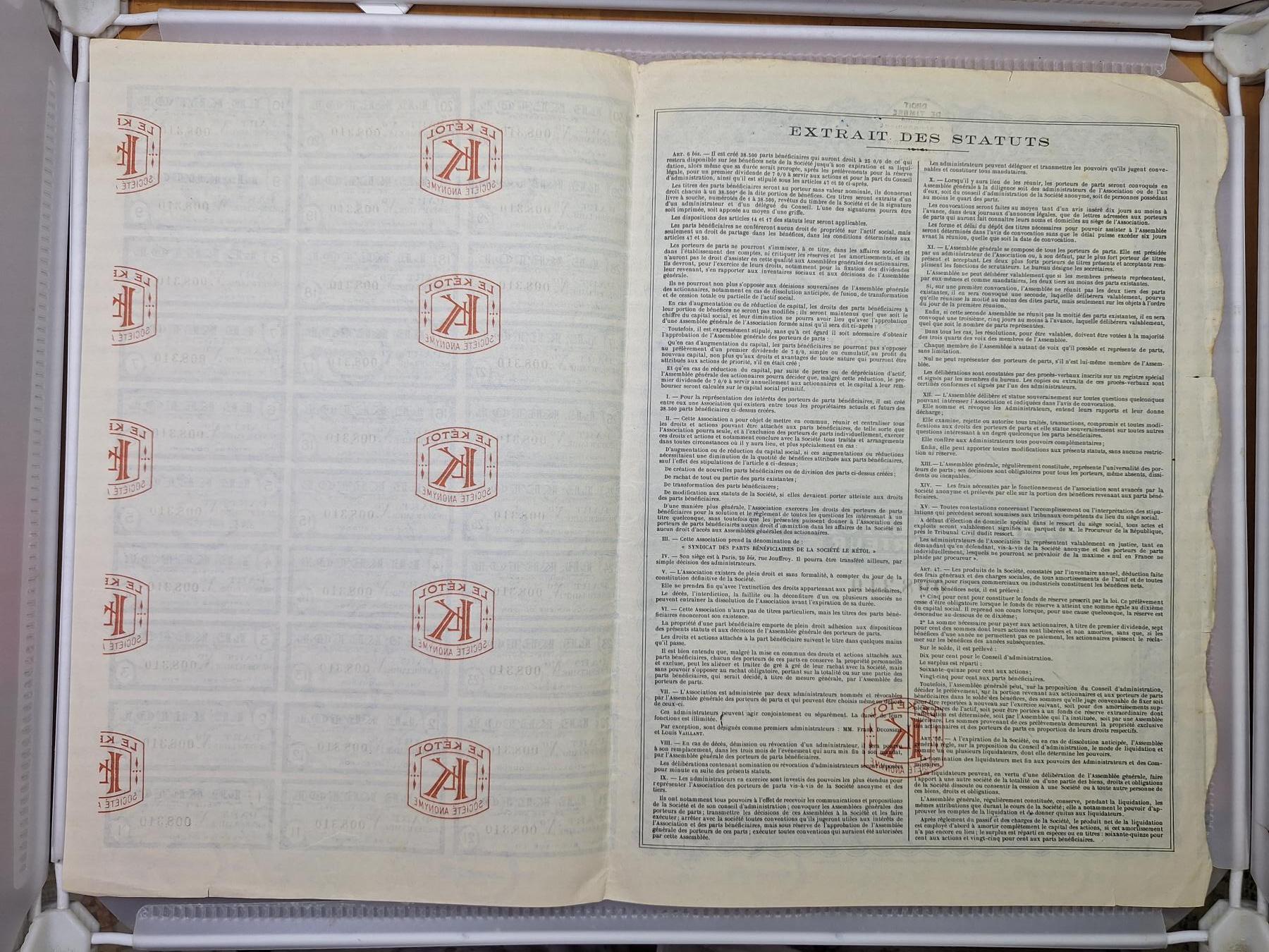 狮子猫股票债券纸品第一期 法国1926年和酮醇股份有限公司 股票号码8310