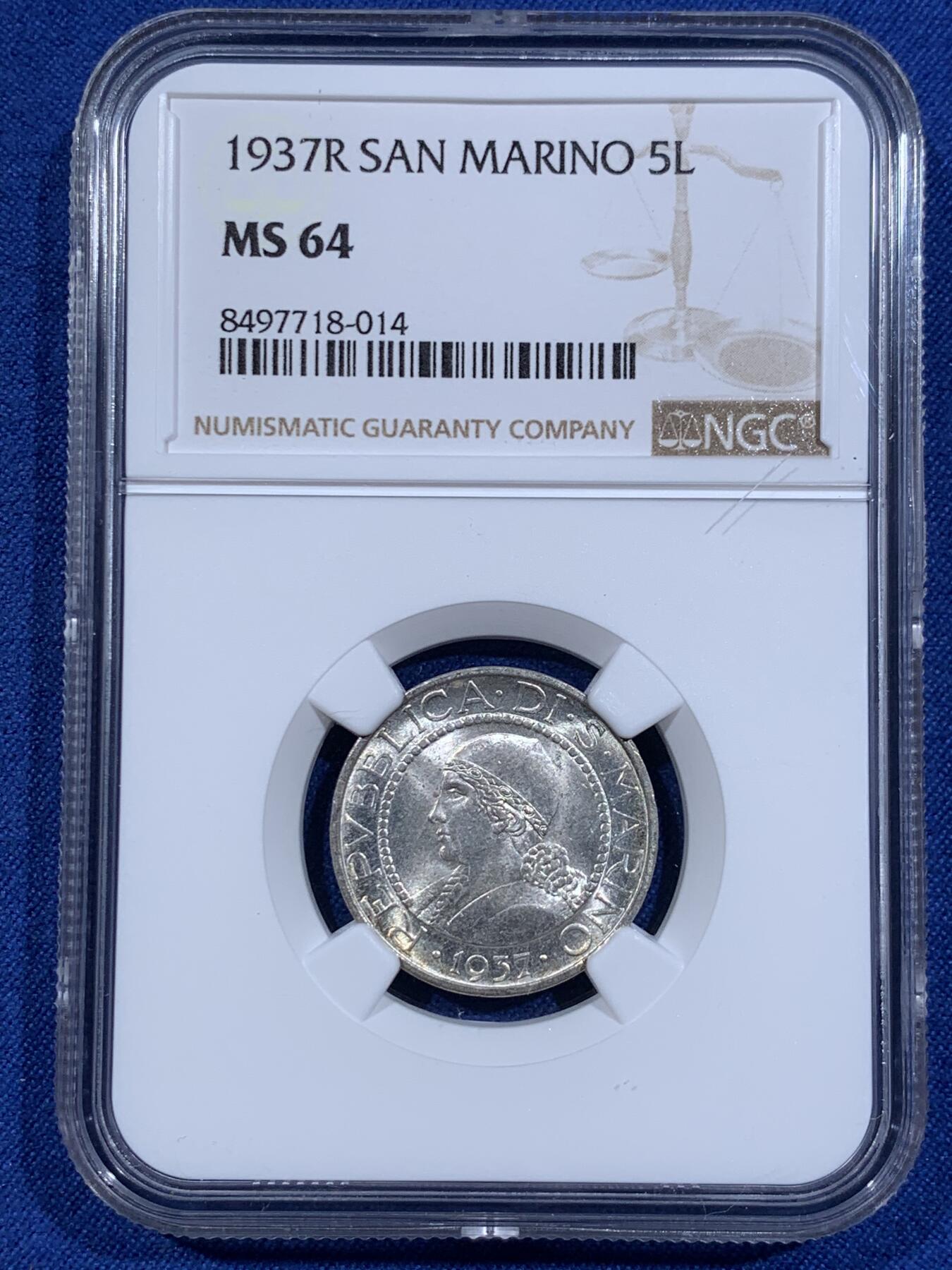 《竞宝斋》第411场 周日，周一，周二，3场连拍 （全场包邮） NGC MS64 圣马力诺1937年女神半身像5里拉银币