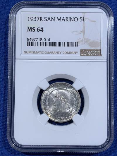 《竞宝斋》第411场 周日，周一，周二，3场连拍 （全场包邮） - NGC MS64 圣马力诺1937年女神半身像5里拉银币