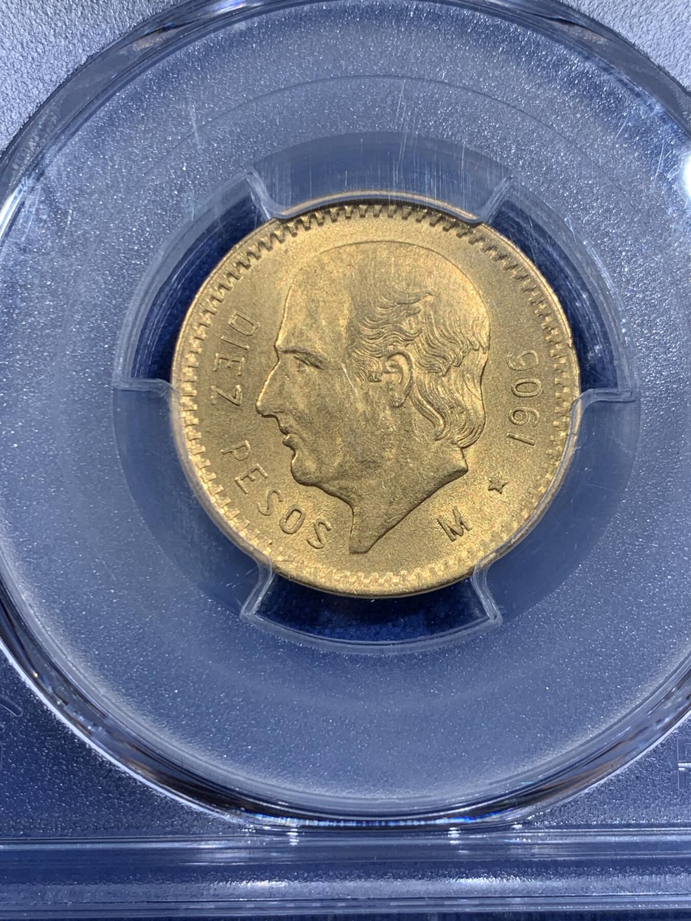 《竞宝斋》第411场 周日，周一，周二，3场连拍 （全场包邮） PCGS MS63 墨西哥1906年10比索金币 900金 重8.3克 原铸少见品种 背面支撑小磕 细节见图