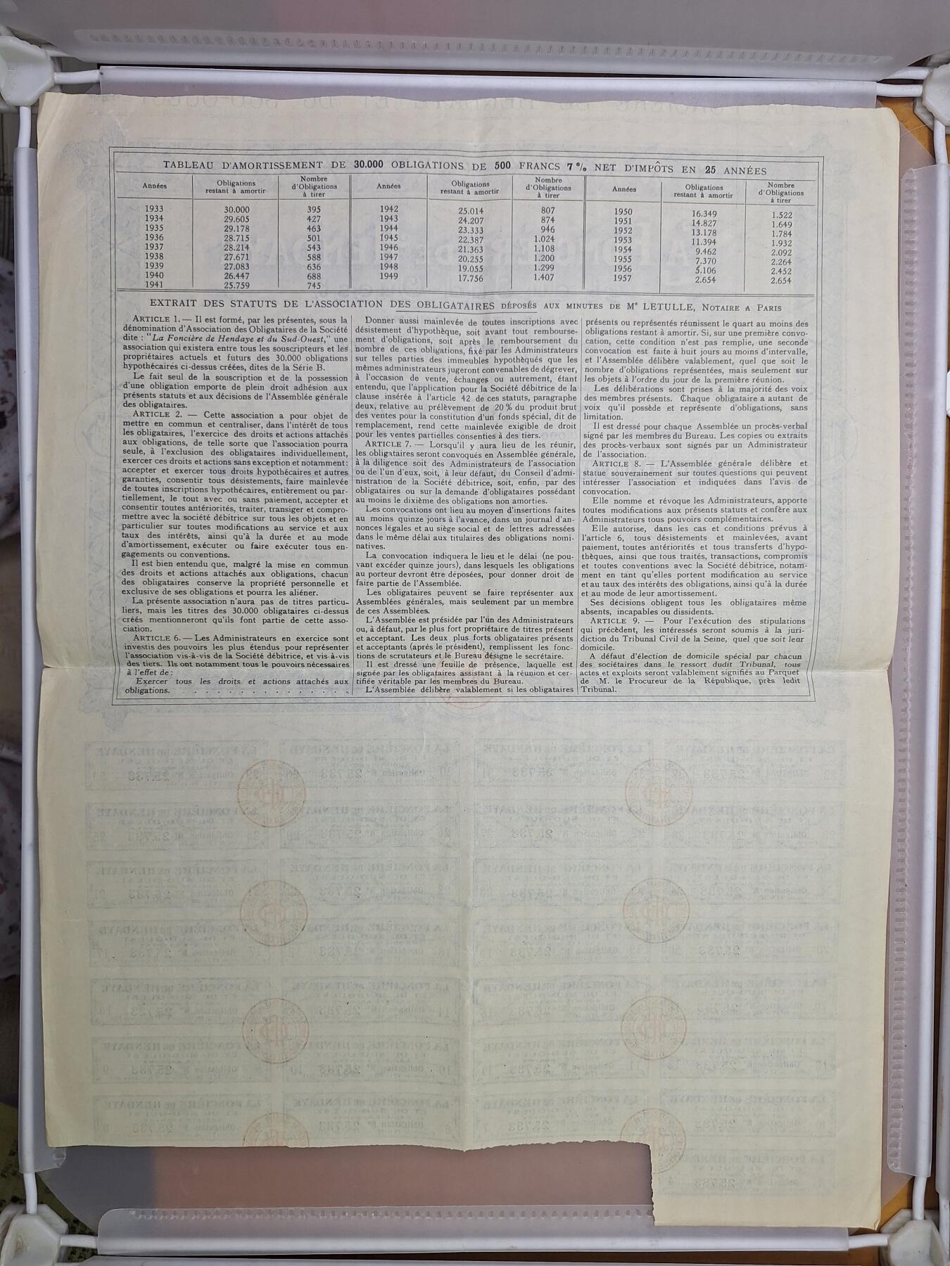 狮子猫股票债券纸品第一期 法国1928年亨达伊土地公司 债券号码25733