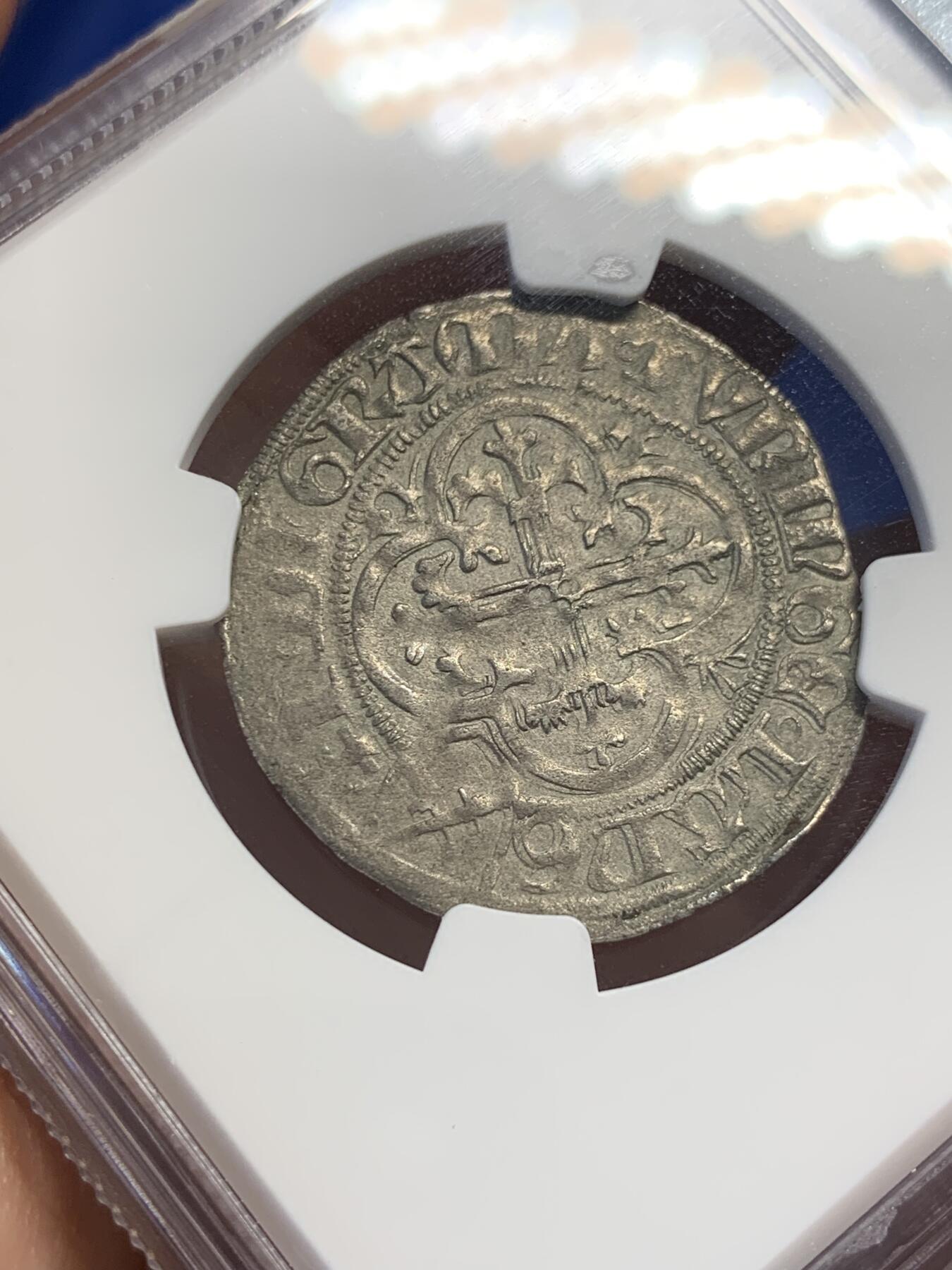 《竞宝斋》第411场 周日，周一，周二，3场连拍 （全场包邮） NGC AU55 德国萨克森 中世纪1格罗申银币 应为1460年左右以萨克森选帝侯弗里德里希二世名义打制