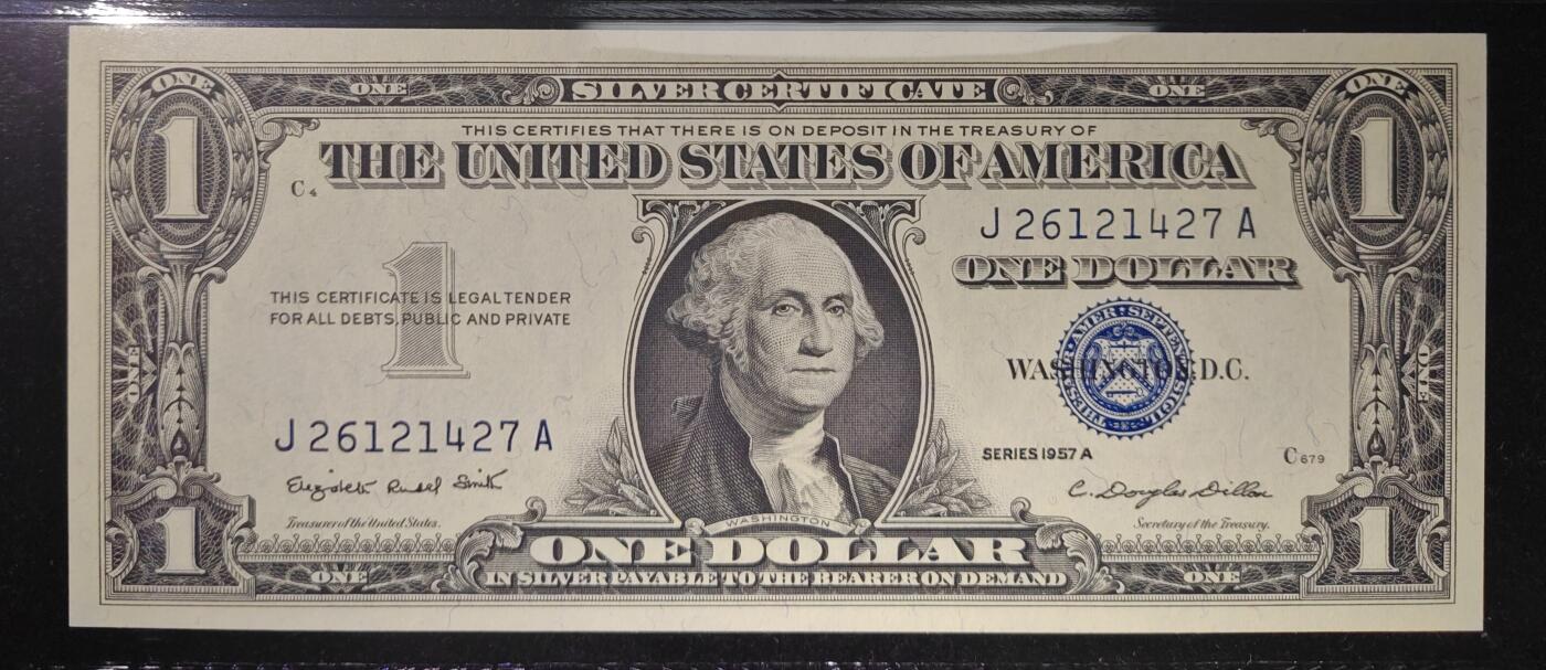 美国纸币 1957年 A 1美元 银币券 蓝库印 全新UNC