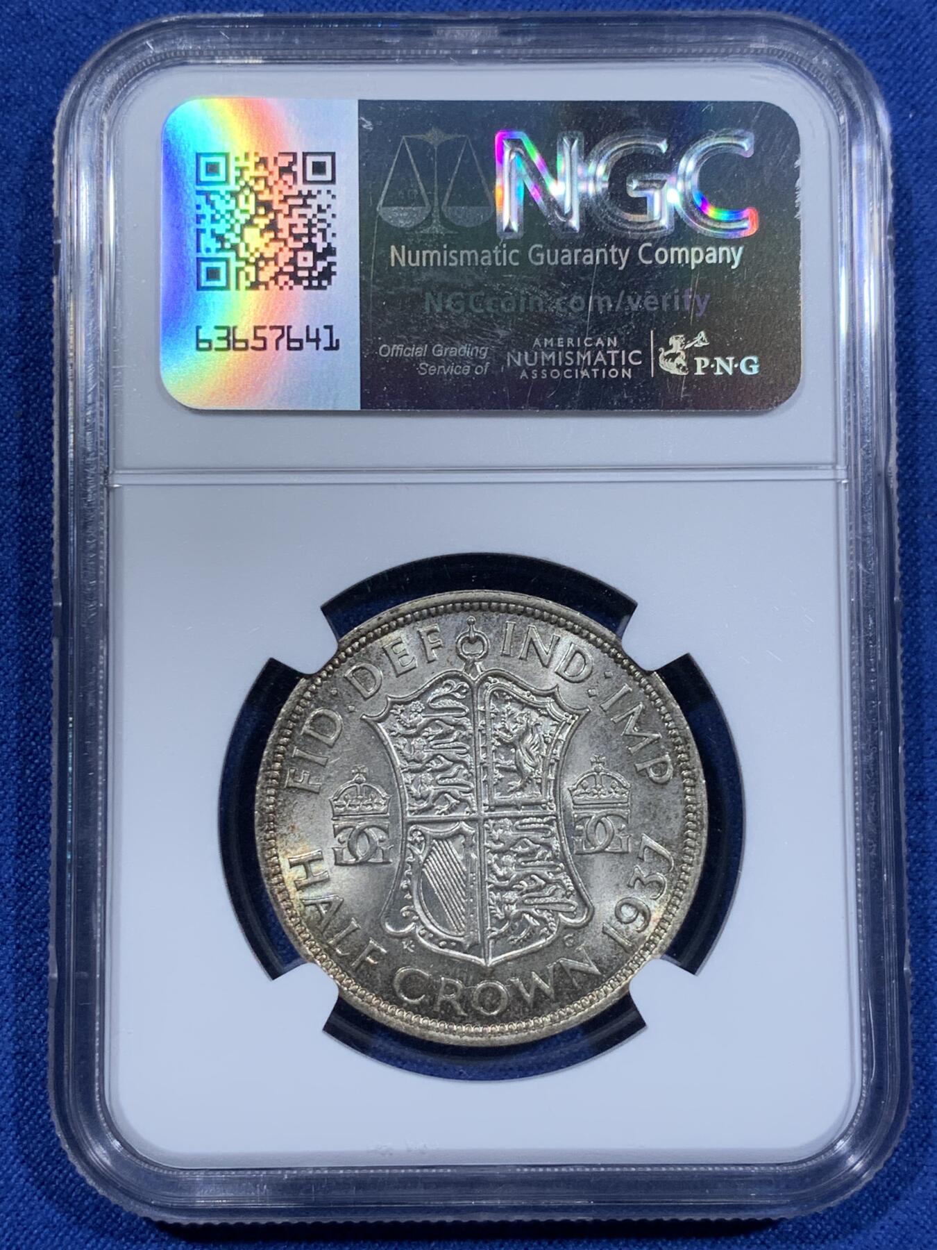 《竞宝斋》第411场 周日，周一，周二，3场连拍 （全场包邮） NGC MS65 英国 1937年 半克朗银币 乔治六世登基年份 NGC冠军分