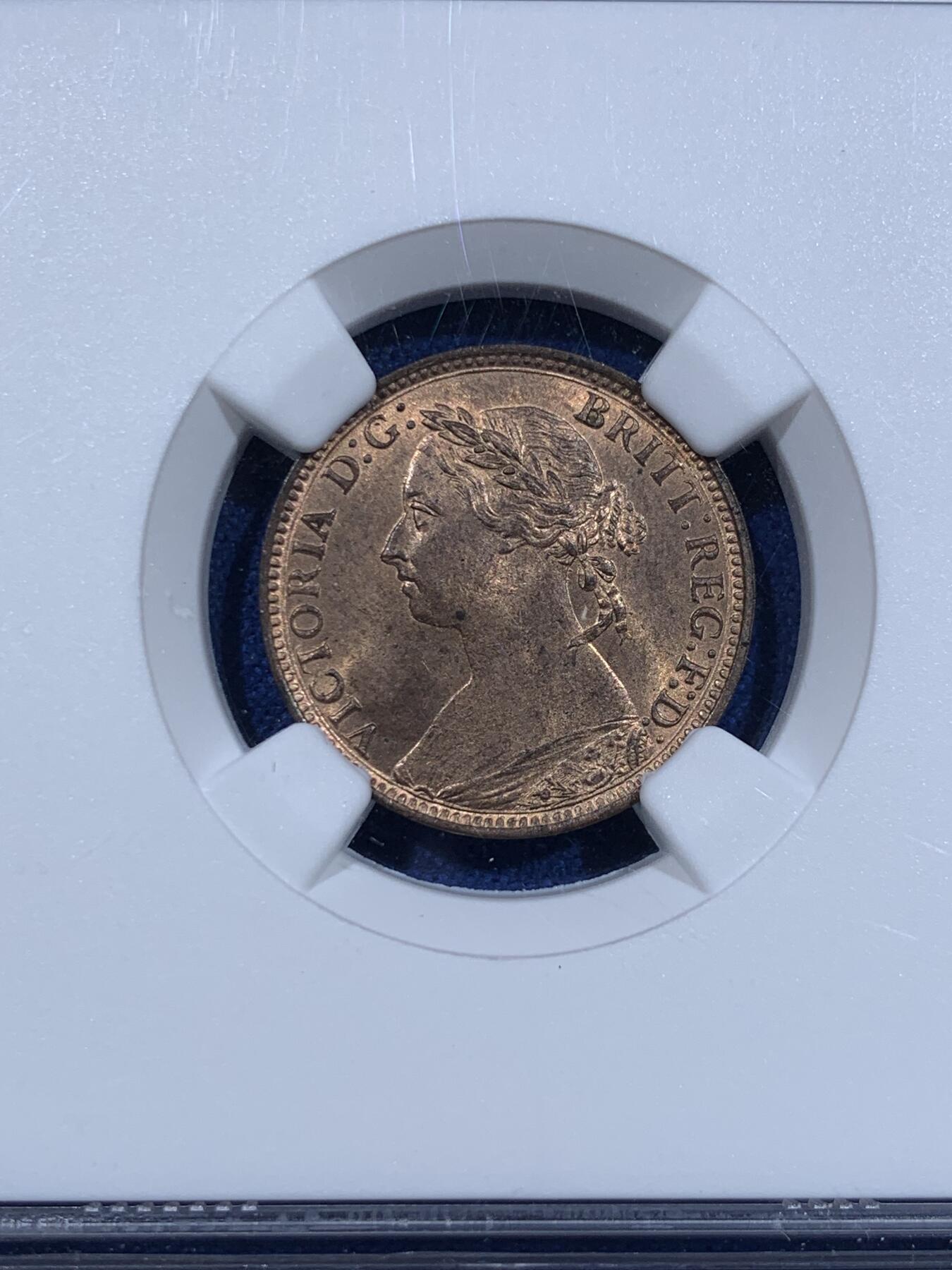《竞宝斋》第411场 周日，周一，周二，3场连拍 （全场包邮） NGC MS64RB 英国 1891年 维多利亚1法新(1/4便士)铜币 铜光犹在 少见高分 同品类NGC更高评分仅3枚