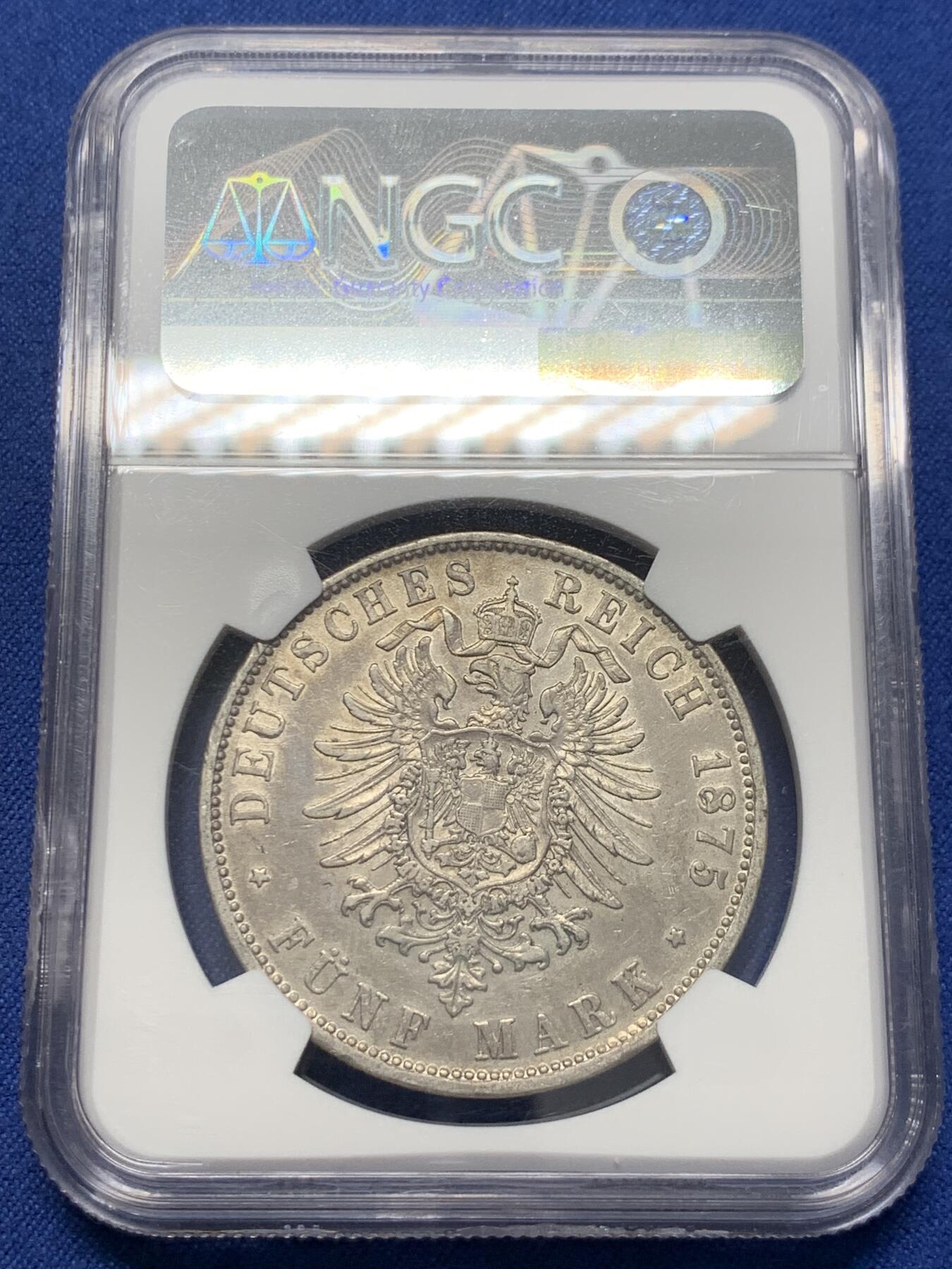 《竞宝斋》第411场 周日，周一，周二，3场连拍 （全场包邮） NGC AU 德国 巴伐利亚 1875D 路德维希二世 5马克银币