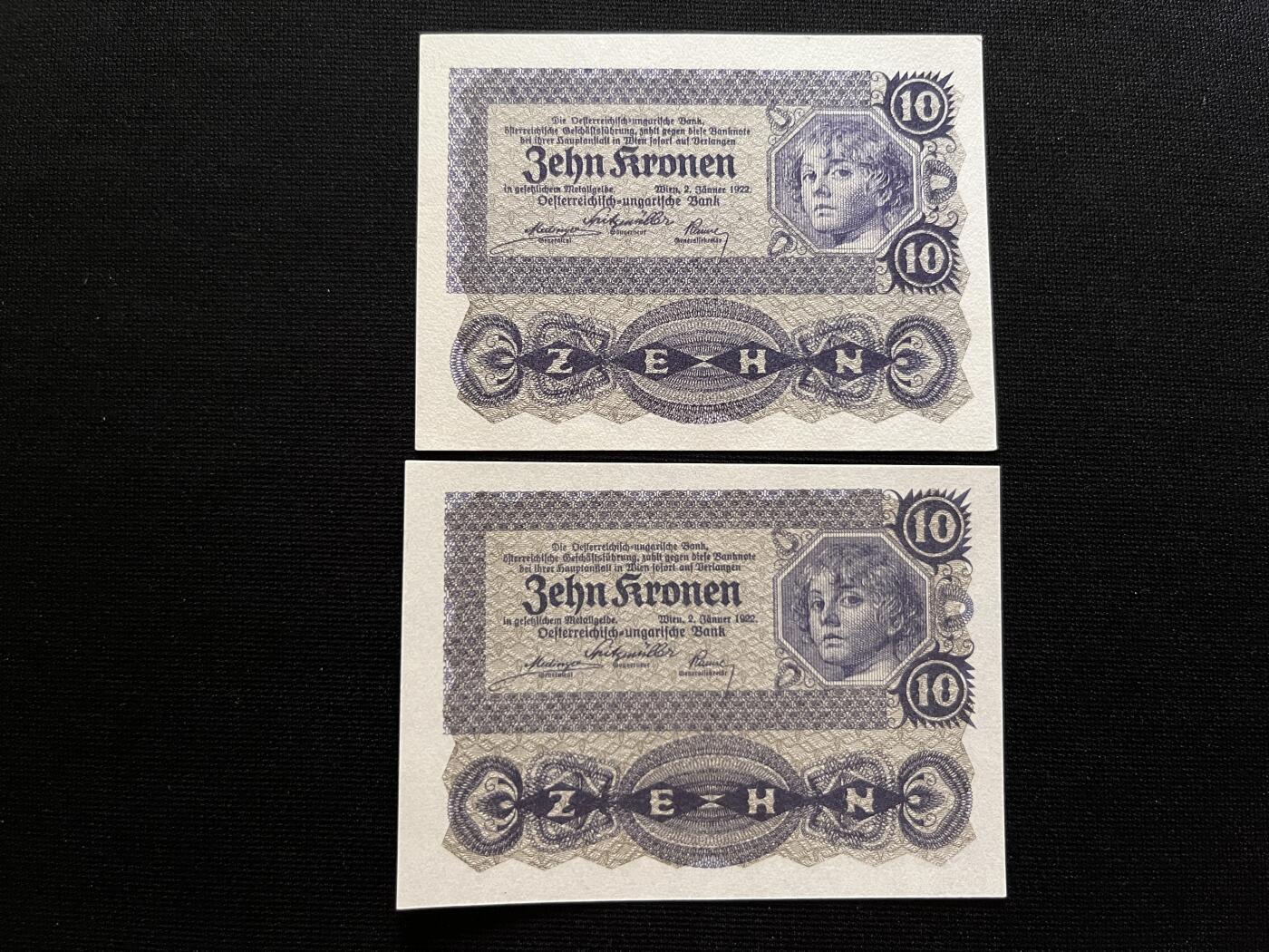 咖啡豆•收藏 2025年Aug_29th世界各国纸币拍卖 2枚 奥地利 1922年 10克朗 全新UNC 外国纸币