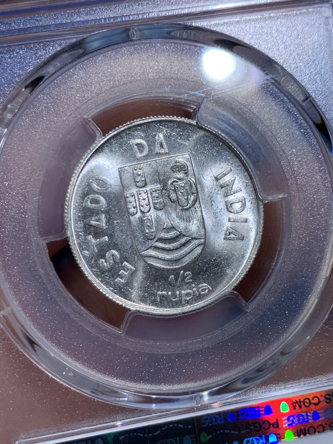 《竞宝斋》第411场 周日，周一，周二，3场连拍 （全场包邮） PCGS MS64 葡属印度1936年1/2卢比银币
