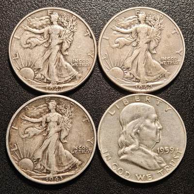 【德藏】世界币章拍卖第143期（拍品征集中~欢迎藏友联系） - 4枚一组 1942、43、47年 美国行走女神半圆银币 1959年 美国富兰克林半圆银币 直径约：30.4mm/枚.女神，30.4mm/枚.富兰克林；重约：12.4g/枚.女神，12.2g/枚.富兰克林