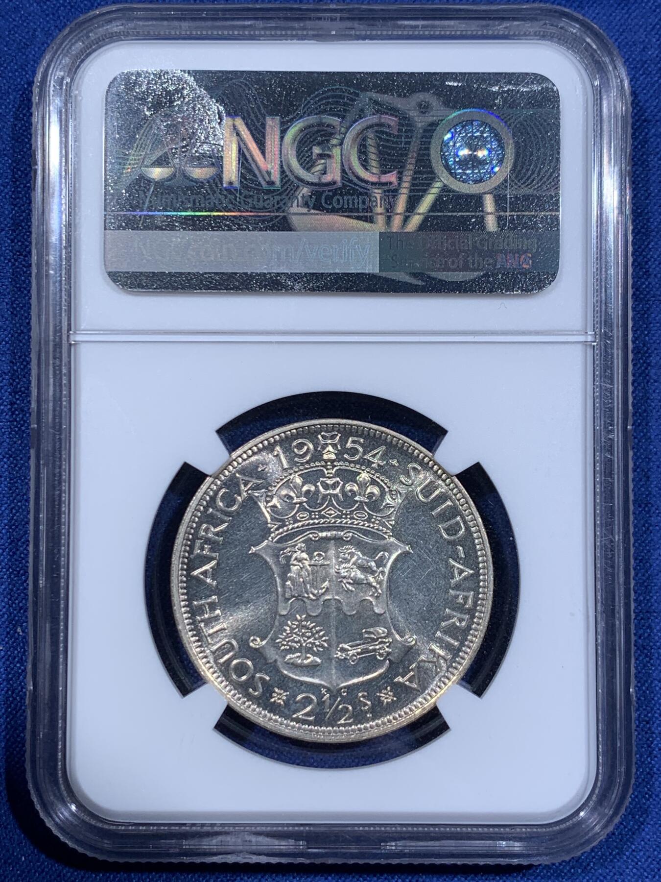 《竞宝斋》第411场 周日，周一，周二，3场连拍 （全场包邮） NGC PF65 英属南非1954年伊丽莎白二世2.5先令精制银币，稀少品种，PROOF精制币，转光强烈细节优秀，状态一流。