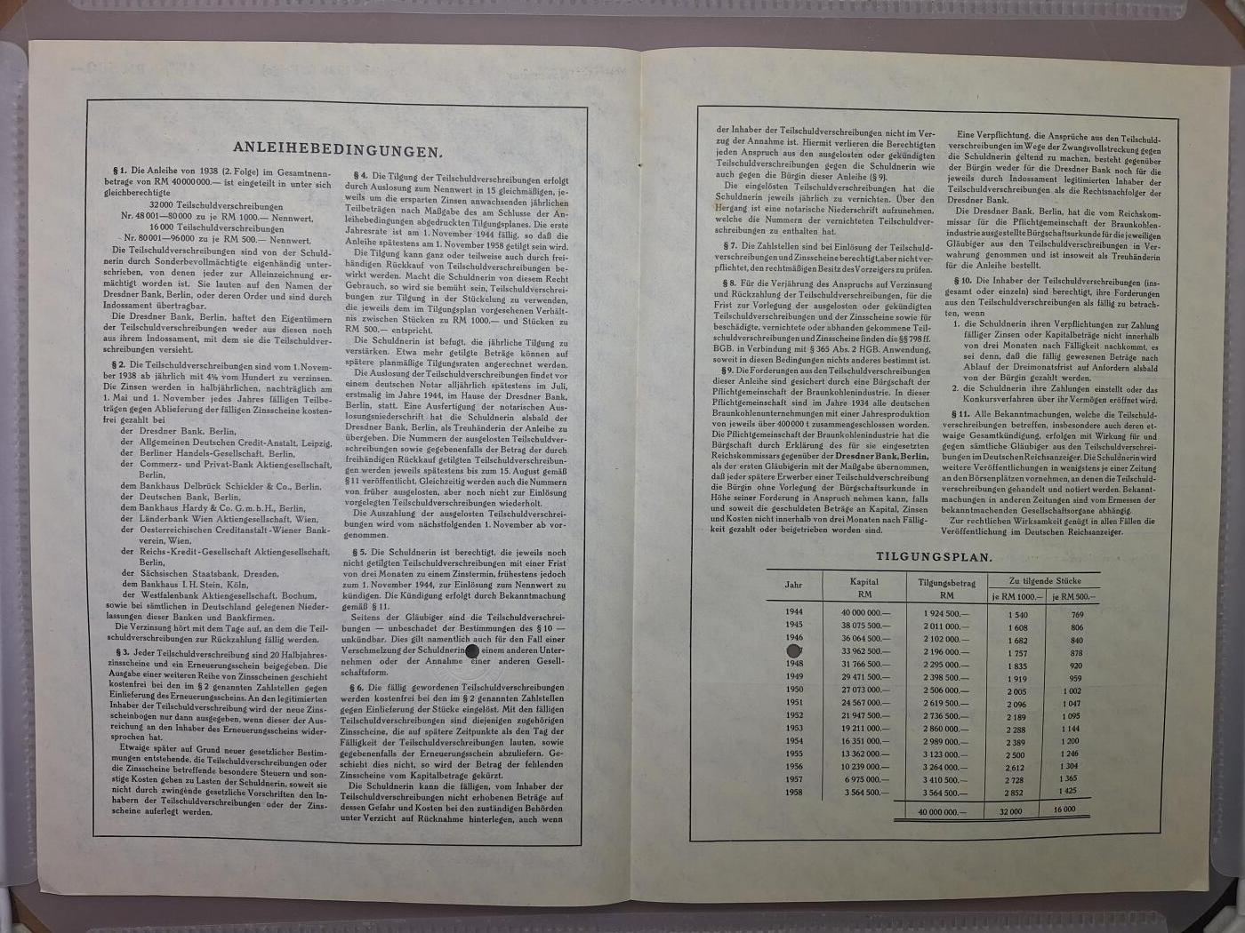 狮子猫股票债券纸品第一期 德国1938年柏林褐煤汽油公司500马克（满版水印）债券号码84053