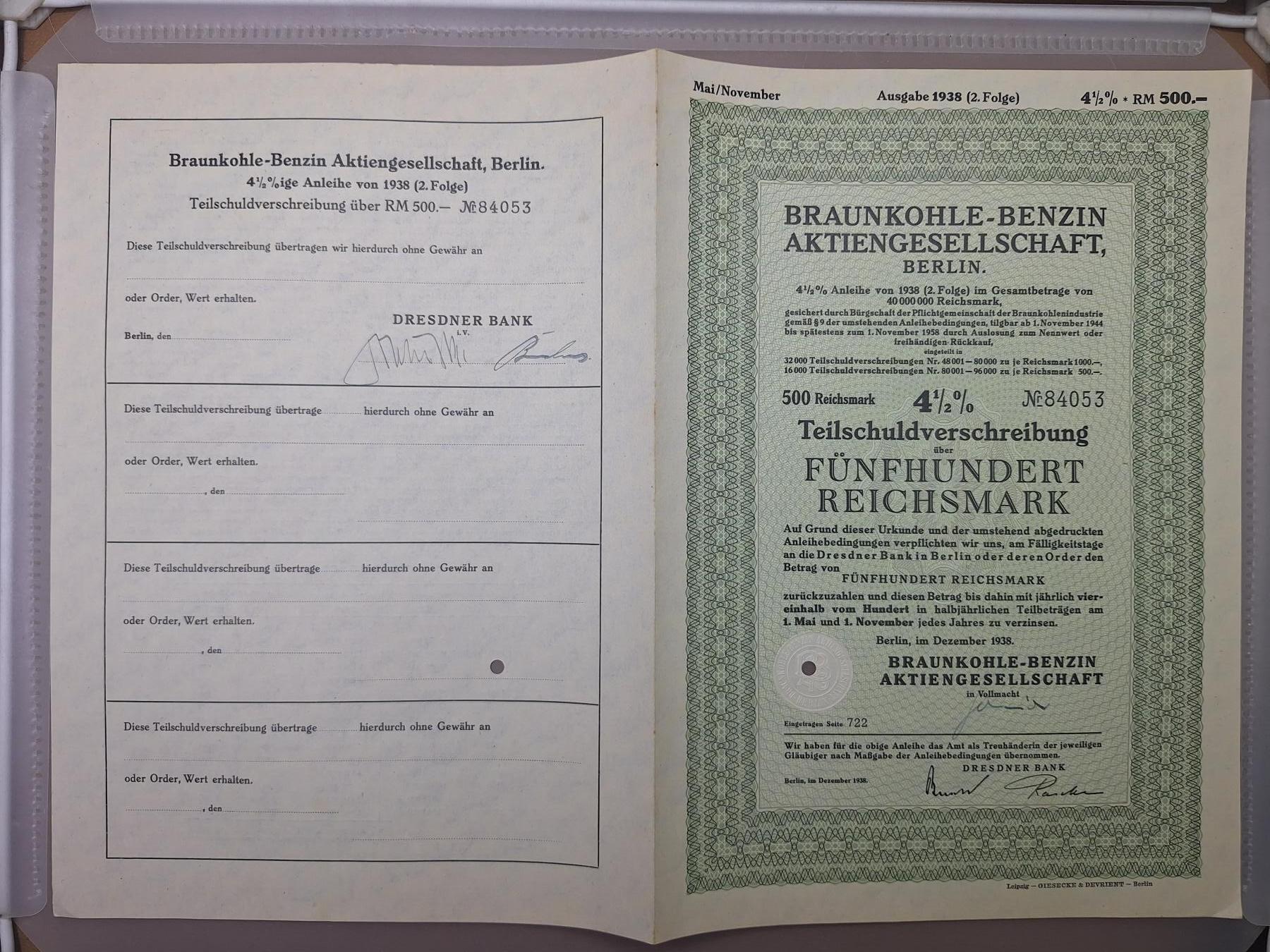 狮子猫股票债券纸品第一期 德国1938年柏林褐煤汽油公司500马克（满版水印）债券号码84053