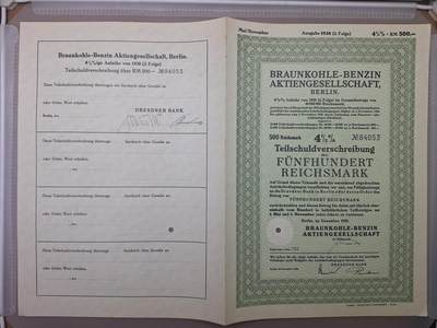 狮子猫股票债券纸品第一期 - 德国1938年柏林褐煤汽油公司500马克（满版水印）债券号码84053