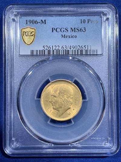 《竞宝斋》第411场 周日，周一，周二，3场连拍 （全场包邮） - PCGS MS63 墨西哥1906年10比索金币 900金 重8.3克 原铸少见品种 背面支撑小磕 细节见图
