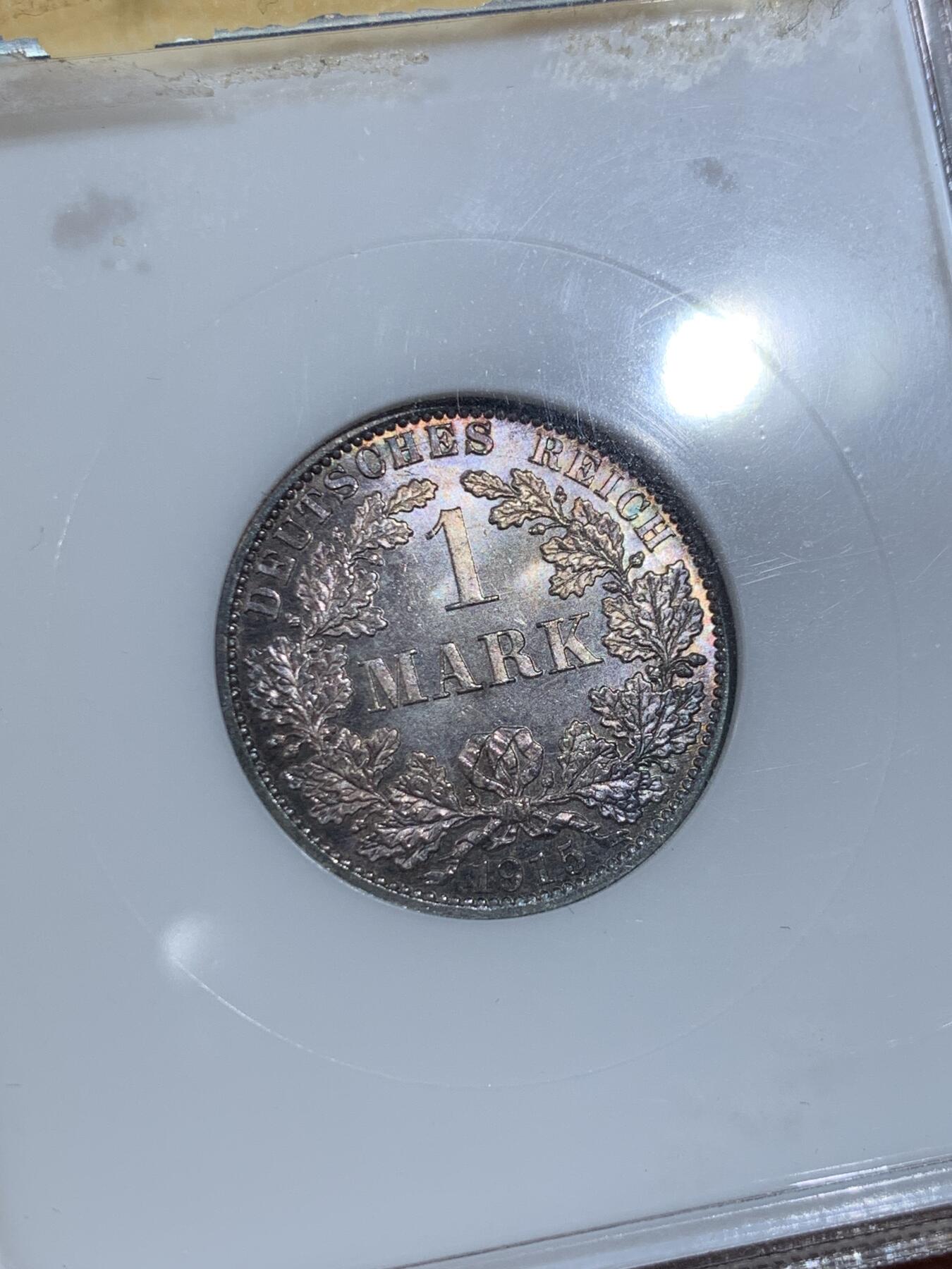 《竞宝斋》第411场 周日，周一，周二，3场连拍 （全场包邮） NGC MS67 德国1915年1马克银币 A版柏林厂 双面七彩老包浆 鹰面PL底板 细节精湛 顶级状态 少见的老绿盒严评好品