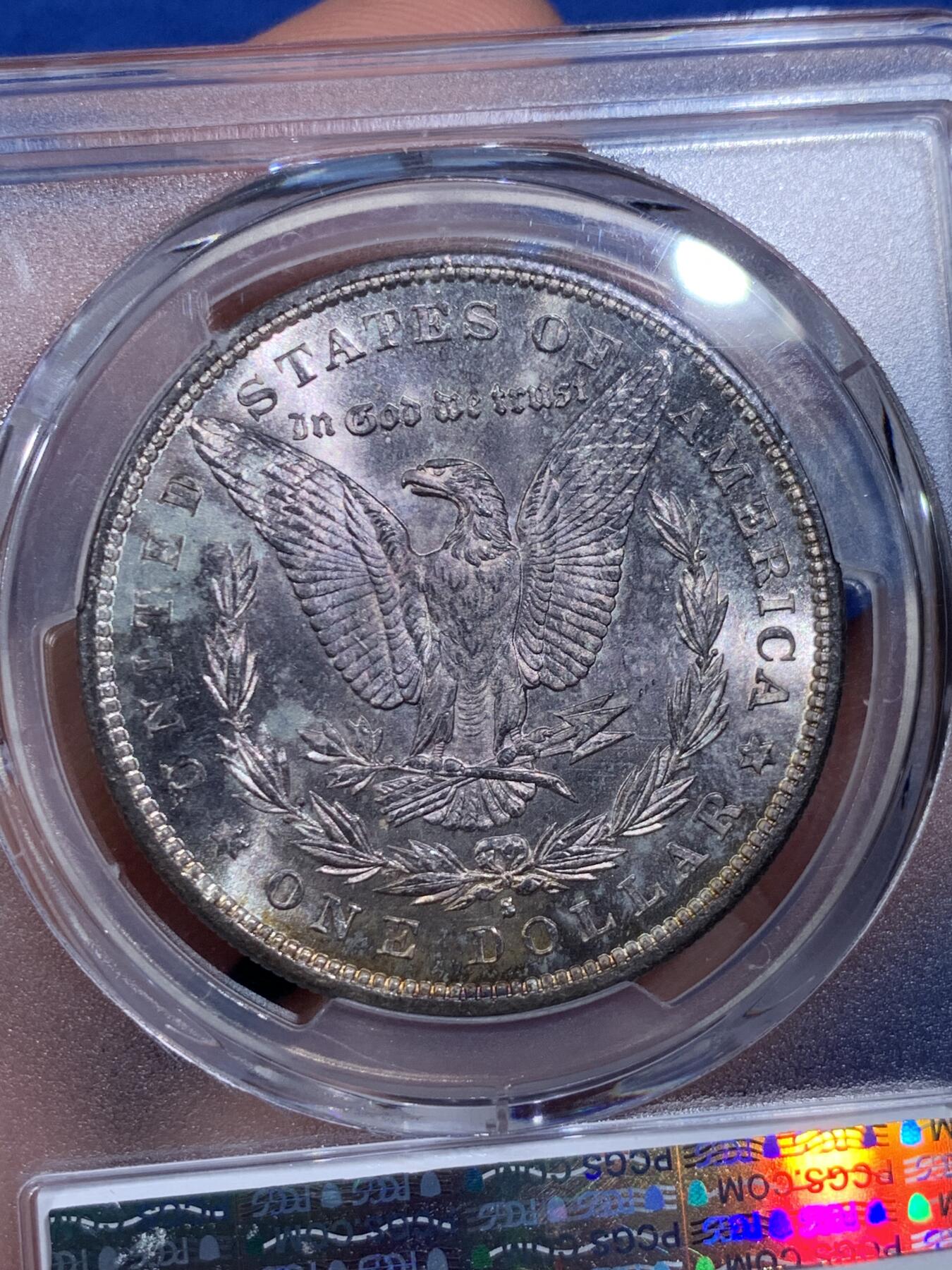 《竞宝斋》第411场 周日，周一，周二，3场连拍 （全场包邮） PCGS MS65 美国 1879年 1美元 摩根 银币 双面淡彩包浆 丝滑转光