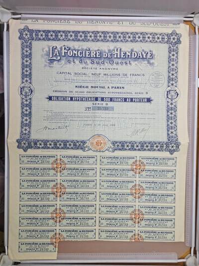 狮子猫股票债券纸品第一期 - 法国1928年亨达伊土地公司 债券号码25733