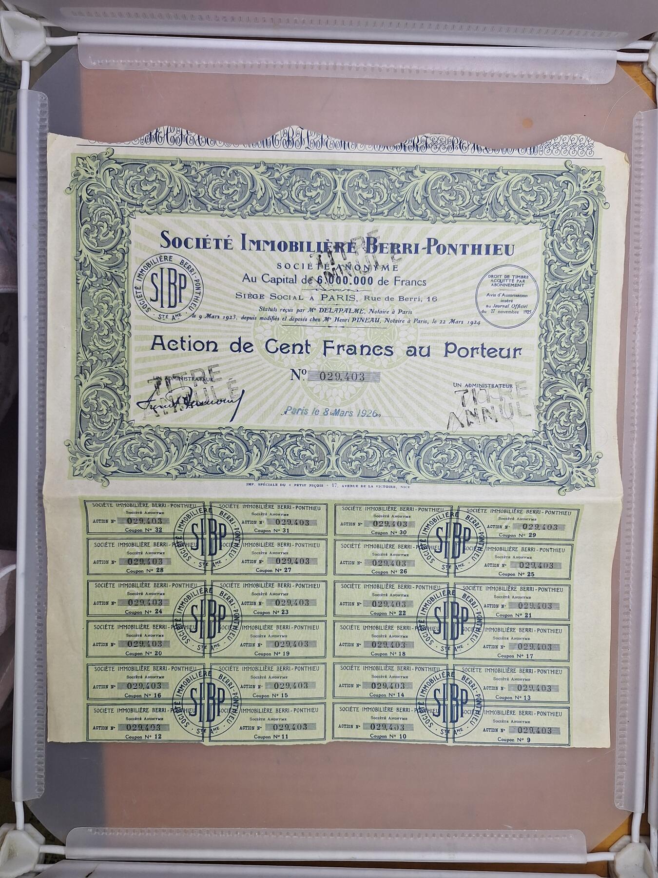 狮子猫股票债券纸品第一期 法国1926年贝里蓬蒂厄房地产公司 股票号码29403