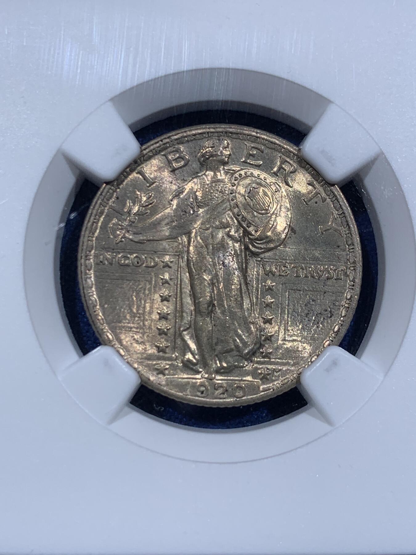 《竞宝斋》第411场 周日，周一，周二，3场连拍 （全场包邮） NGC MS63 美国 1920年 25美分 经典站姿女神设计 黄油包浆 美系玩家不可或缺的品种
