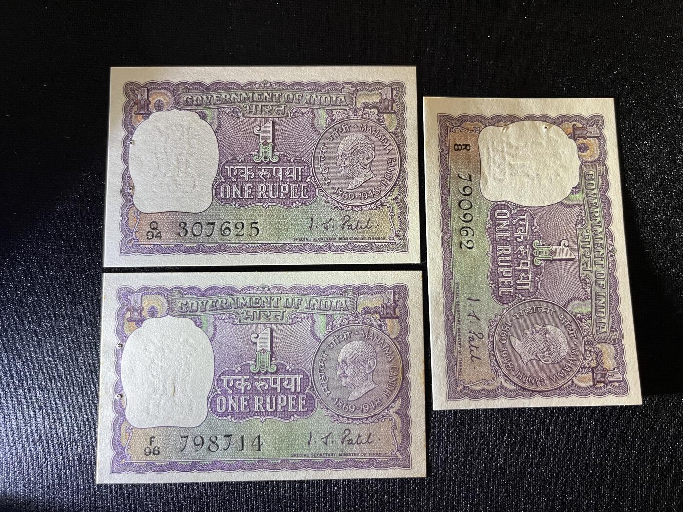 咖啡豆•收藏 2025年Aug_29th世界各国纸币拍卖 3枚 印度 1969年 1卢比 全新UNC 甘地诞辰纪念 外国纸币 有针孔