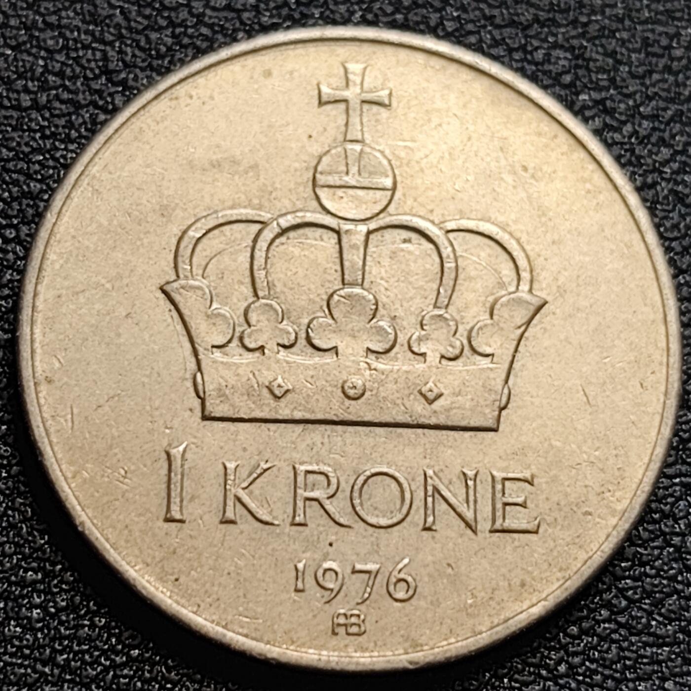 泉币菌-第93场-精品福利场（满包邮条件，下周一发货） 1976年 挪威1克朗镍币 奥拉夫五世 皇冠 25mm