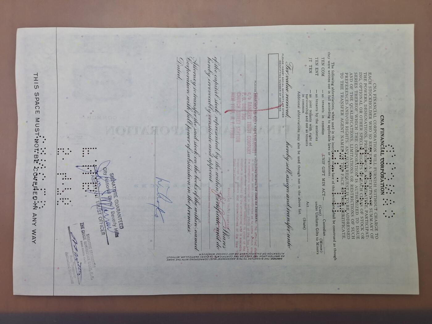 狮子猫股票债券纸品第一期 美国1975年CNA金融公司 股票号码244486