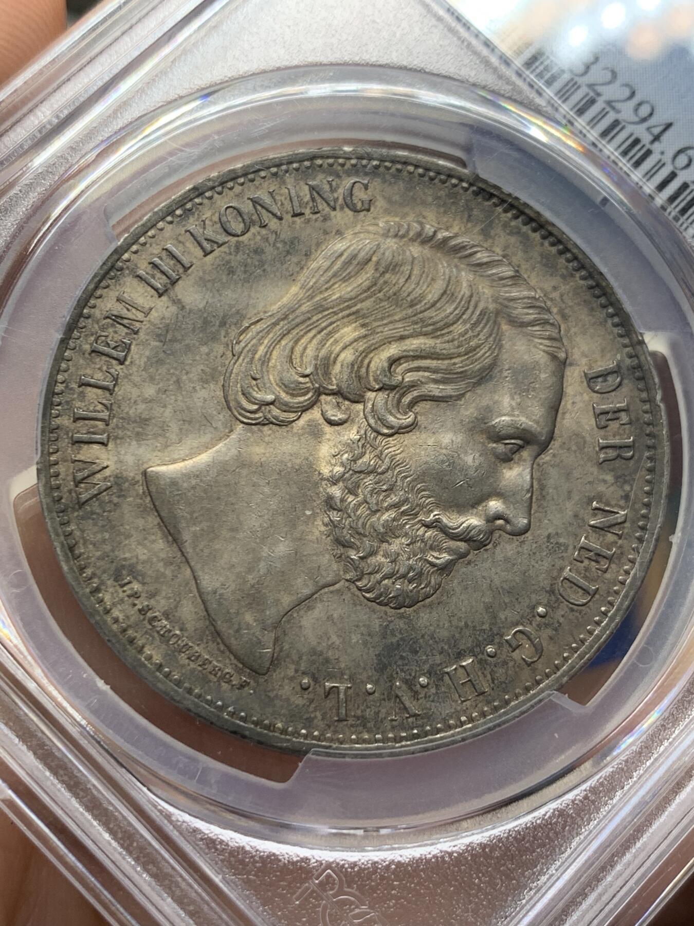 《竞宝斋》第411场 周日，周一，周二，3场连拍 （全场包邮） PCGS MS61 荷兰1870年威廉三世2.5盾大银币 同分相比较少 945超高含银量 上MS很难