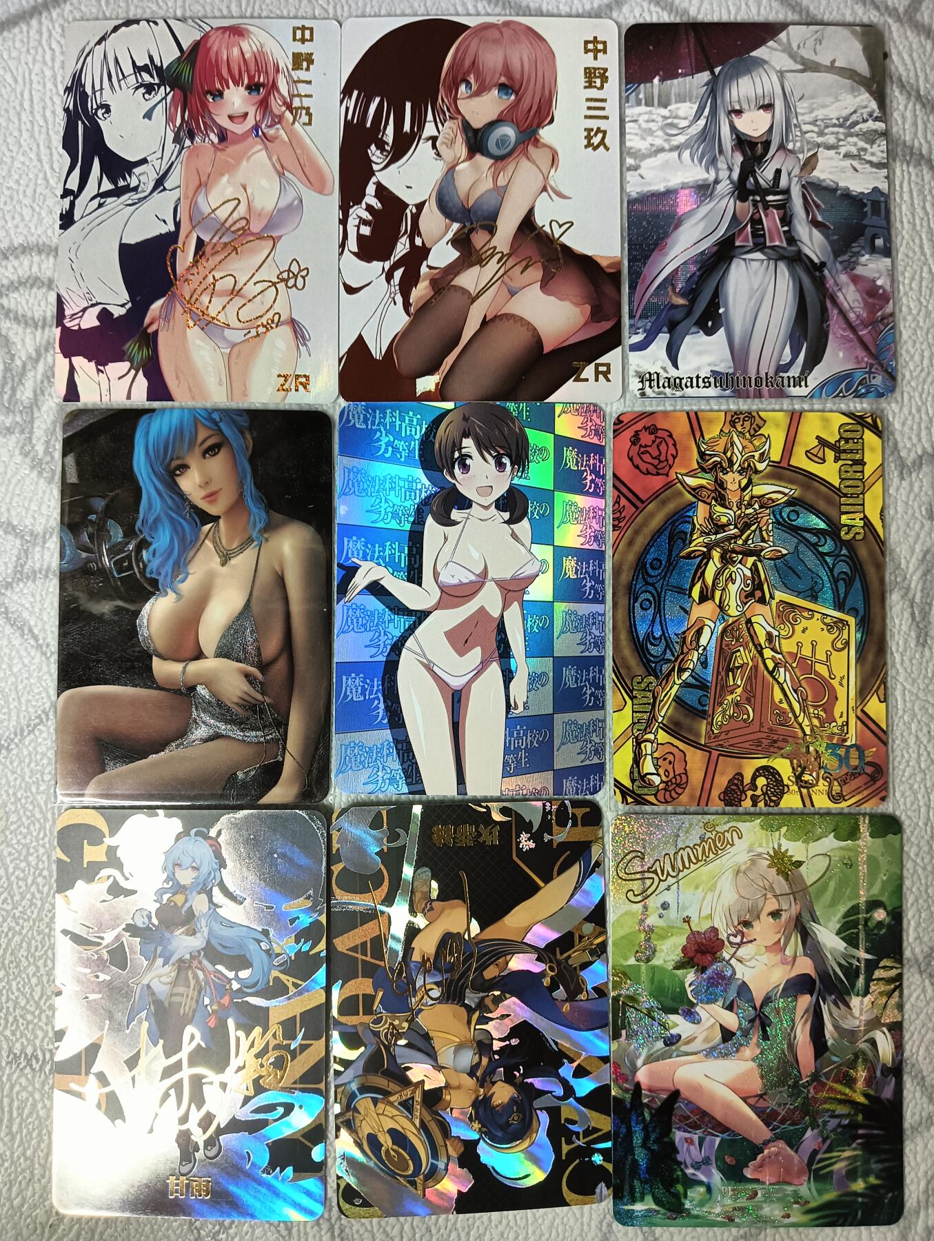 花开卡拍第35期（8月24号周日截拍，品控勿拍!!!拍品不寄存，运费5元，自制卡难免瑕疵，可能存在轻微撞角爆边等出厂瑕疵，品控介意勿拍！） 二次元动漫美少女1 五等分花嫁 原神 碧蓝等散卡9张