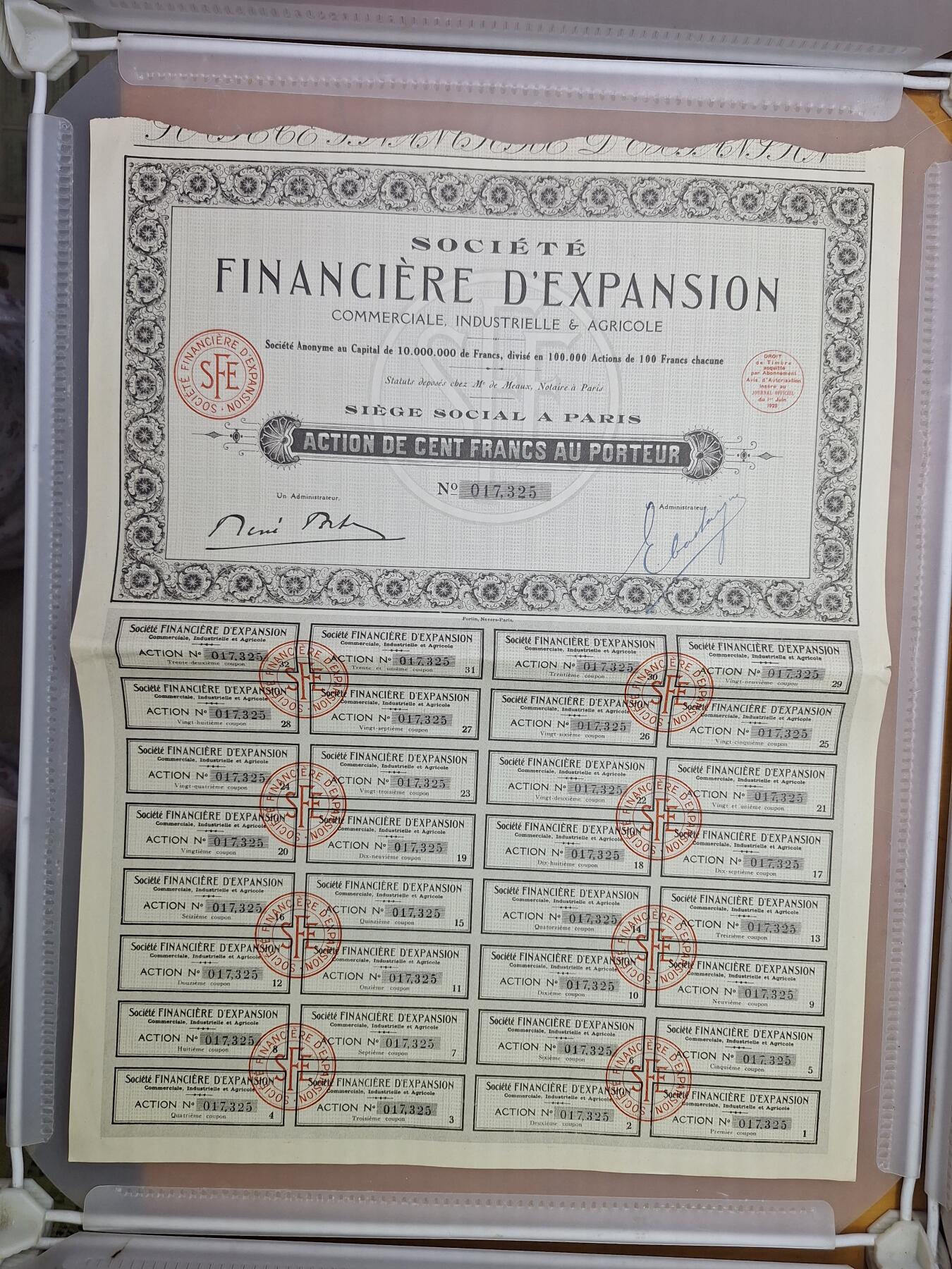 狮子猫股票债券纸品第一期 法国1928年扩张金融公司 股票号码17325