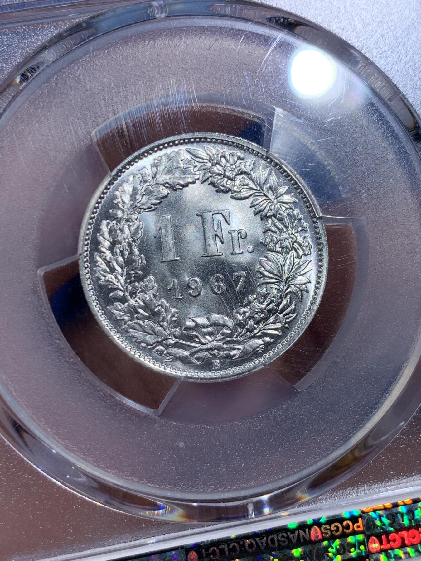 《竞宝斋》第411场 周日，周一，周二，3场连拍 （全场包邮） PCGS MS67 瑞士 1967年B版 1法郎银币 底板光洁 转光强烈 洁白无氧化 可自藏高分品相