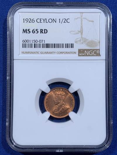 《竞宝斋》第411场 周日，周一，周二，3场连拍 （全场包邮） - NGC MS65RD 英属锡兰1926年1/2cent铜币 铜光亮丽 品相上佳