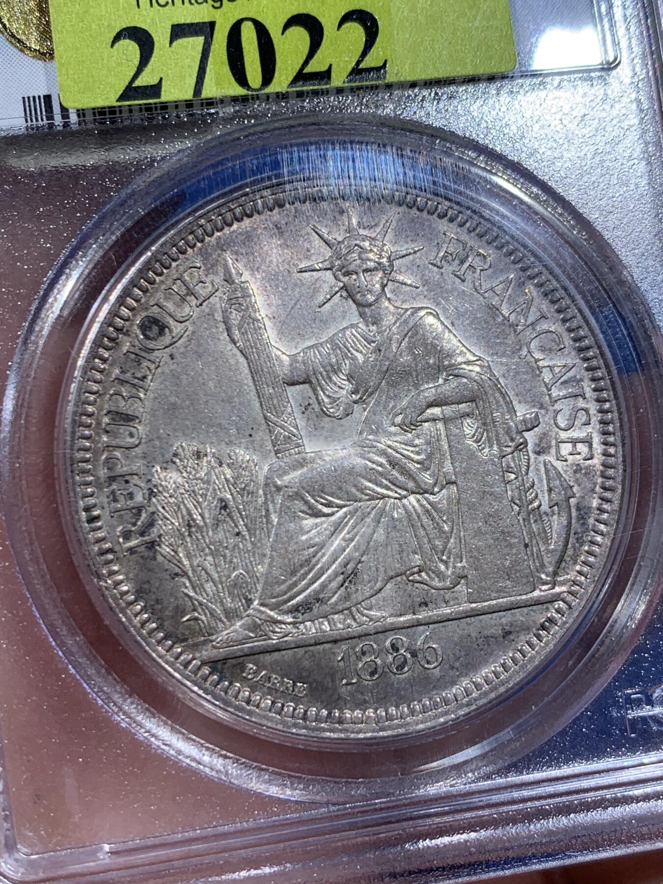 《竞宝斋》第411场 周日，周一，周二，3场连拍 （全场包邮） PCGS AU58 法属印支1886-A坐洋大银币，加重版，原味包浆，细节到位，稀少版本，HA拍卖原物。