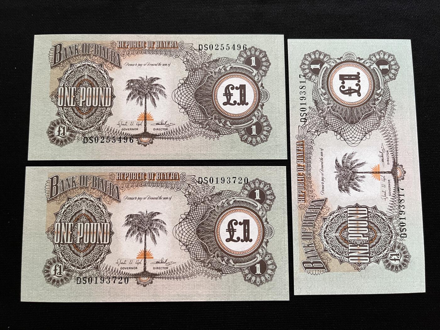 咖啡豆•收藏 2025年Aug_29th世界各国纸币拍卖 3枚 比夫拉 1968年 1镑 全新UNC 外国纸币