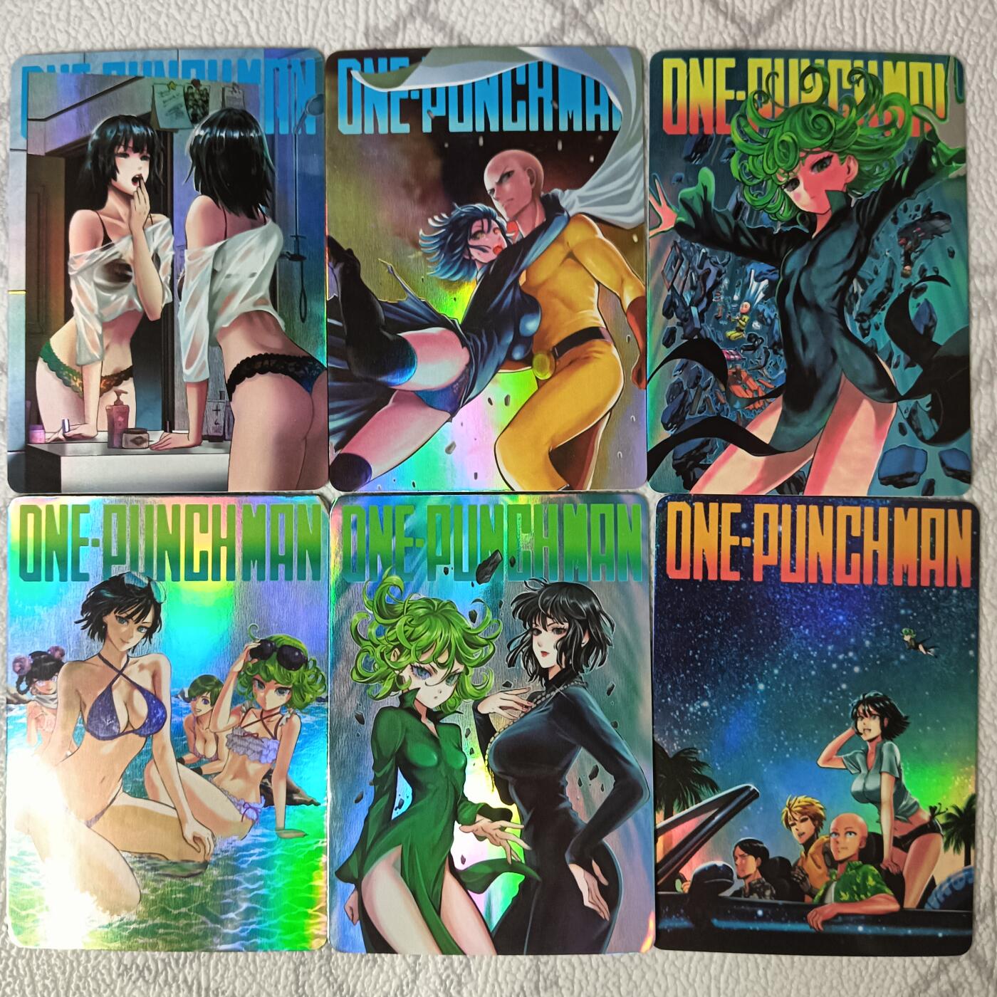 花开卡拍第35期（8月24号周日截拍，品控勿拍!!!拍品不寄存，运费5元，自制卡难免瑕疵，可能存在轻微撞角爆边等出厂瑕疵，品控介意勿拍！） 一拳超人 龙卷吹雪封面 一套6张彩闪，有几张撞角有一张开胶介意勿拍
