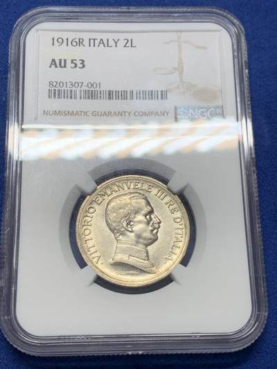 《竞宝斋》第411场 周日，周一，周二，3场连拍 （全场包邮） - NGC AU53 意大利1916年马车2里拉，黄油包浆，略低评