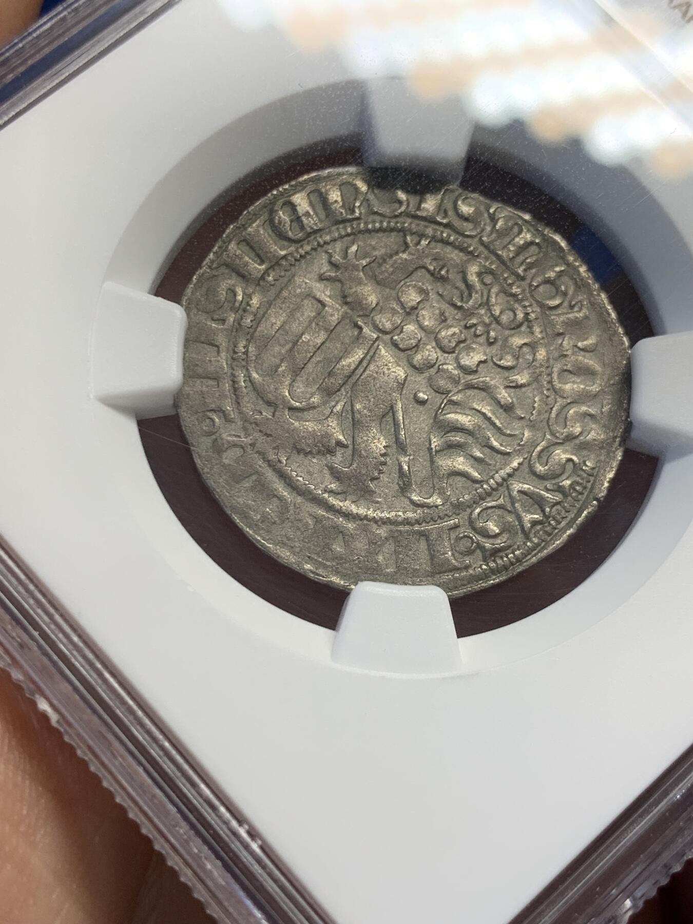 《竞宝斋》第411场 周日，周一，周二，3场连拍 （全场包邮） NGC AU55 德国萨克森 中世纪1格罗申银币 应为1460年左右以萨克森选帝侯弗里德里希二世名义打制