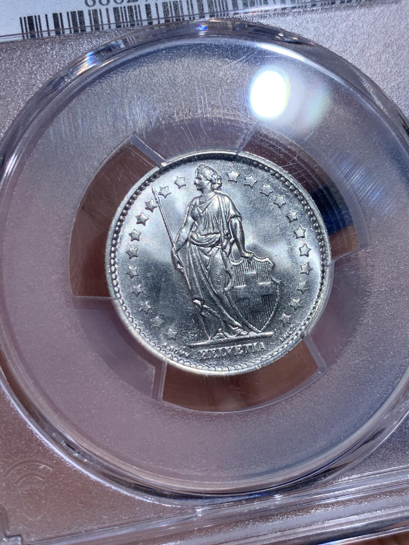 《竞宝斋》第411场 周日，周一，周二，3场连拍 （全场包邮） PCGS MS67 瑞士 1967年B版 1法郎银币 底板光洁 转光强烈 洁白无氧化 可自藏高分品相