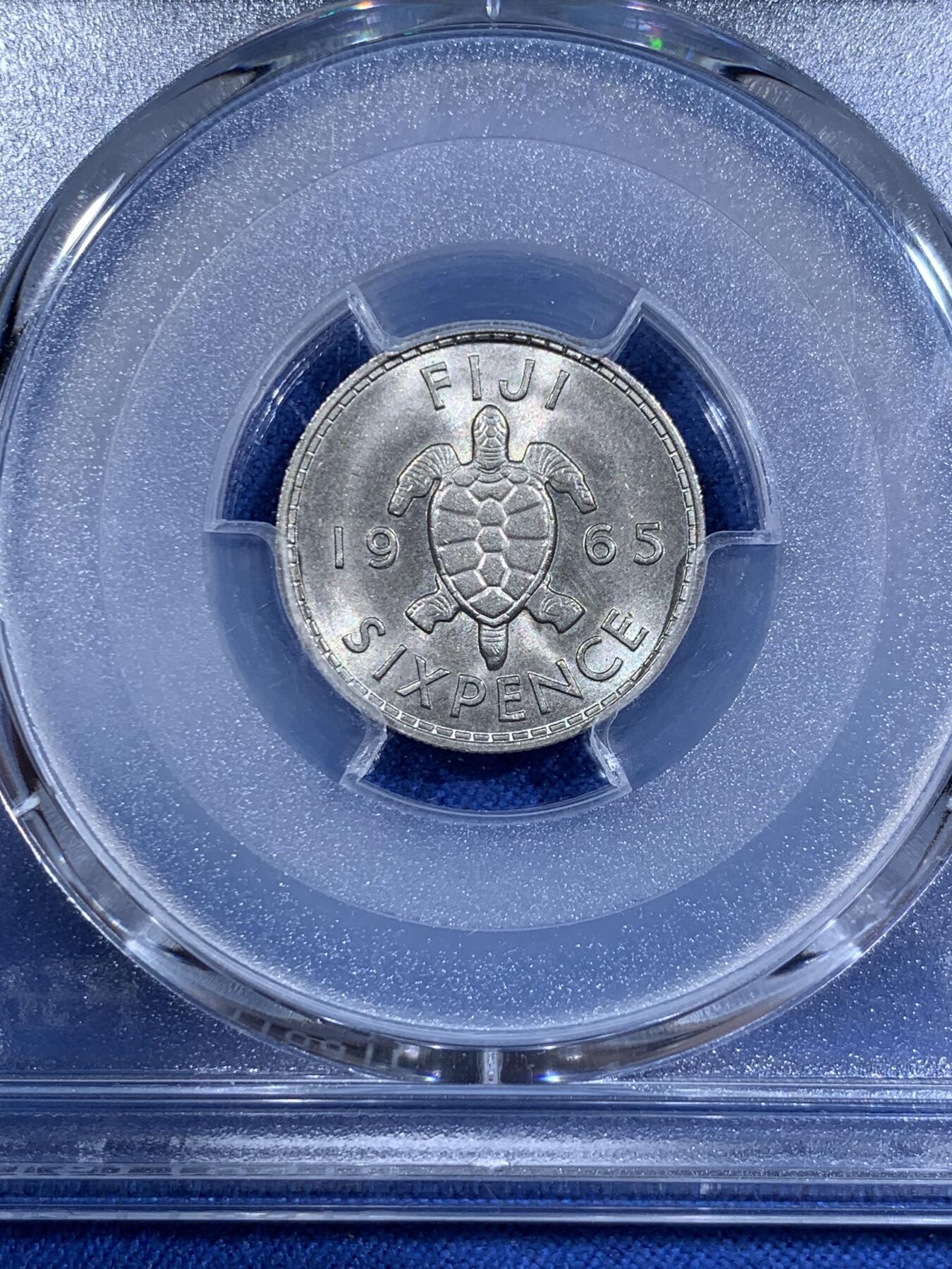 《竞宝斋》第411场 周日，周一，周二，3场连拍 （全场包邮） PCGS MS65 斐济1965年海龟6便士镍币