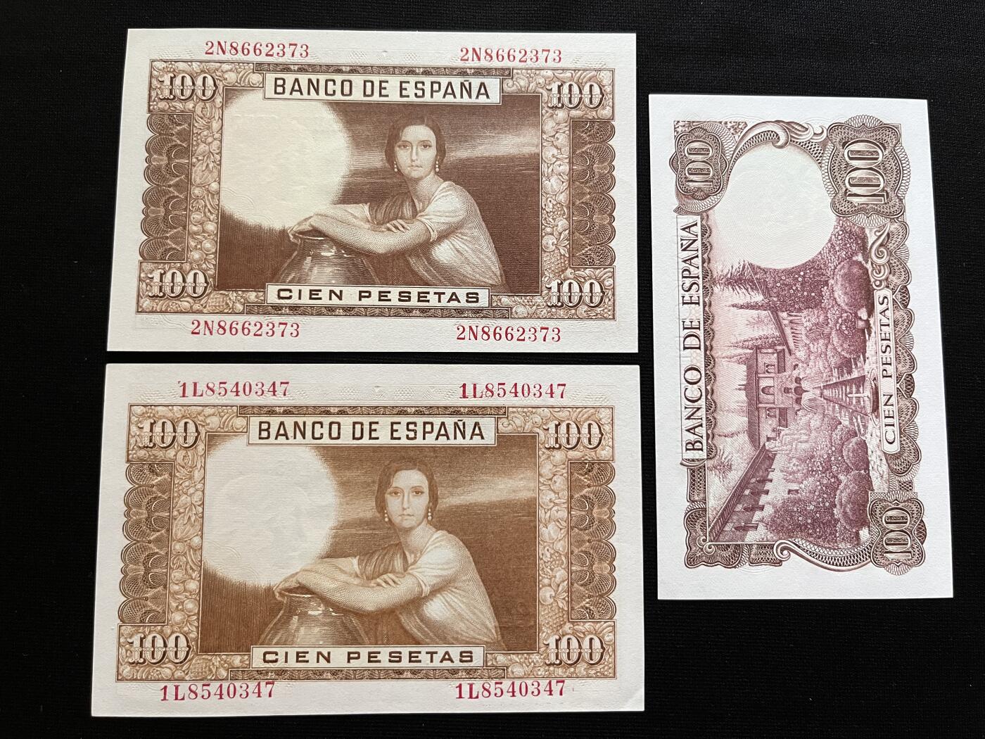 咖啡豆•收藏 2025年Aug_29th世界各国纸币拍卖 3枚 西班牙 1953&70年 100比塞塔 全新UNC 外国纸币