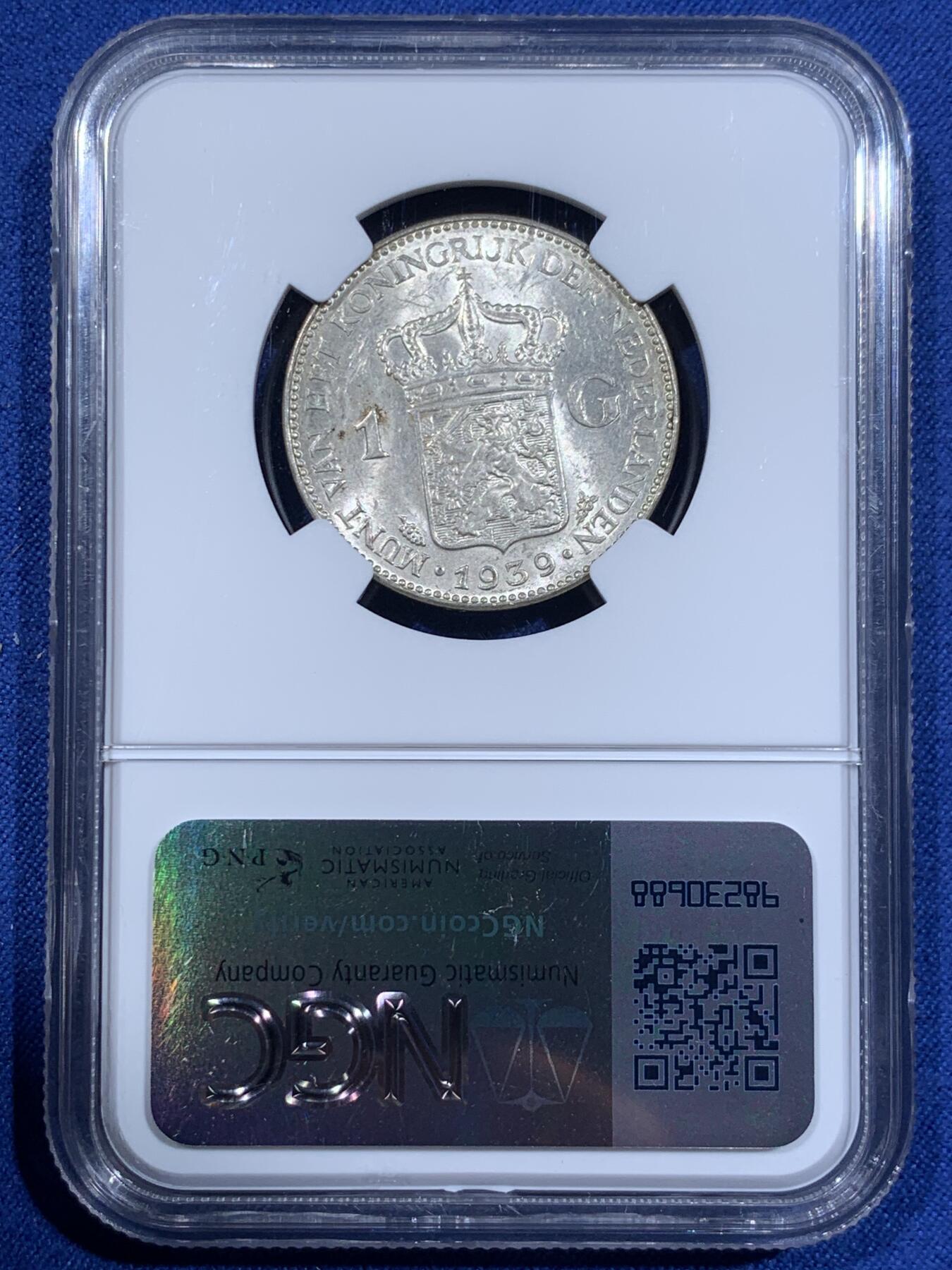 《竞宝斋》第411场 周日，周一，周二，3场连拍 （全场包邮） NGC MS61 荷兰 1939 威廉明娜女王 1盾 银币