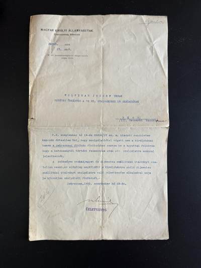戎马世界章牌大赏第103期 - 匈牙利王国国家铁路德布勒森营业处1905年公文，通知奥匈帝国第72步兵团第15连士兵Wolfinau József 免役后调任至德布勒森铁路局服务，带原始签署与官印