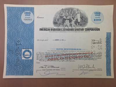 狮子猫股票债券纸品第一期 - 美国1967年散热器标准卫浴公司 股票号码267912