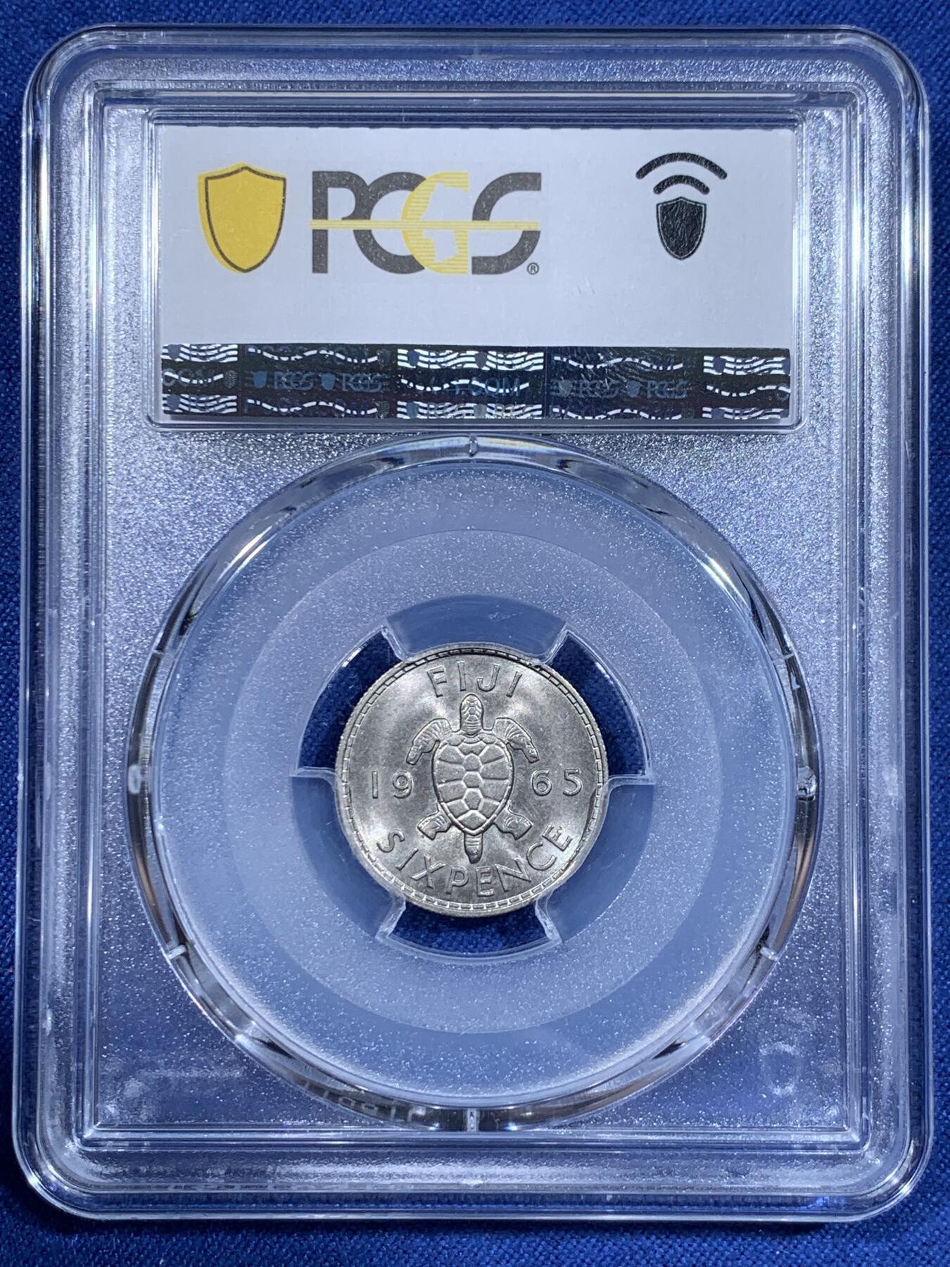 《竞宝斋》第411场 周日，周一，周二，3场连拍 （全场包邮） PCGS MS65 斐济1965年海龟6便士镍币